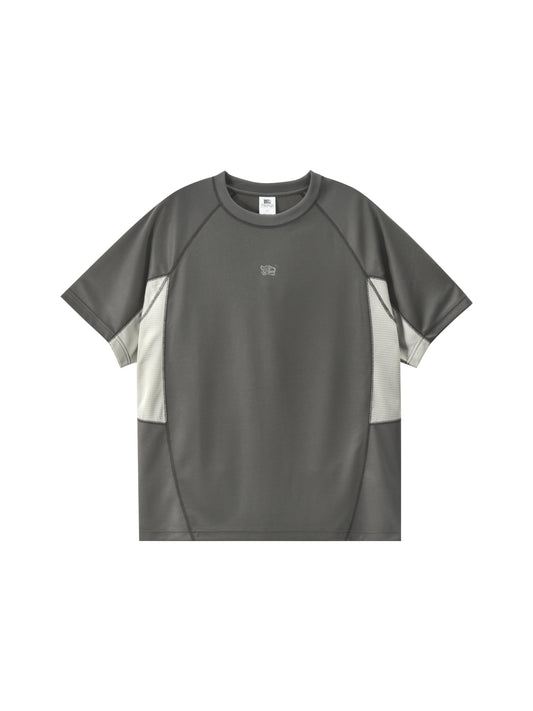 A short-sleeve athletic t-shirt in dark gray with light gray side panels and a small white tiger logo on the chest, displayed flat against a white background.