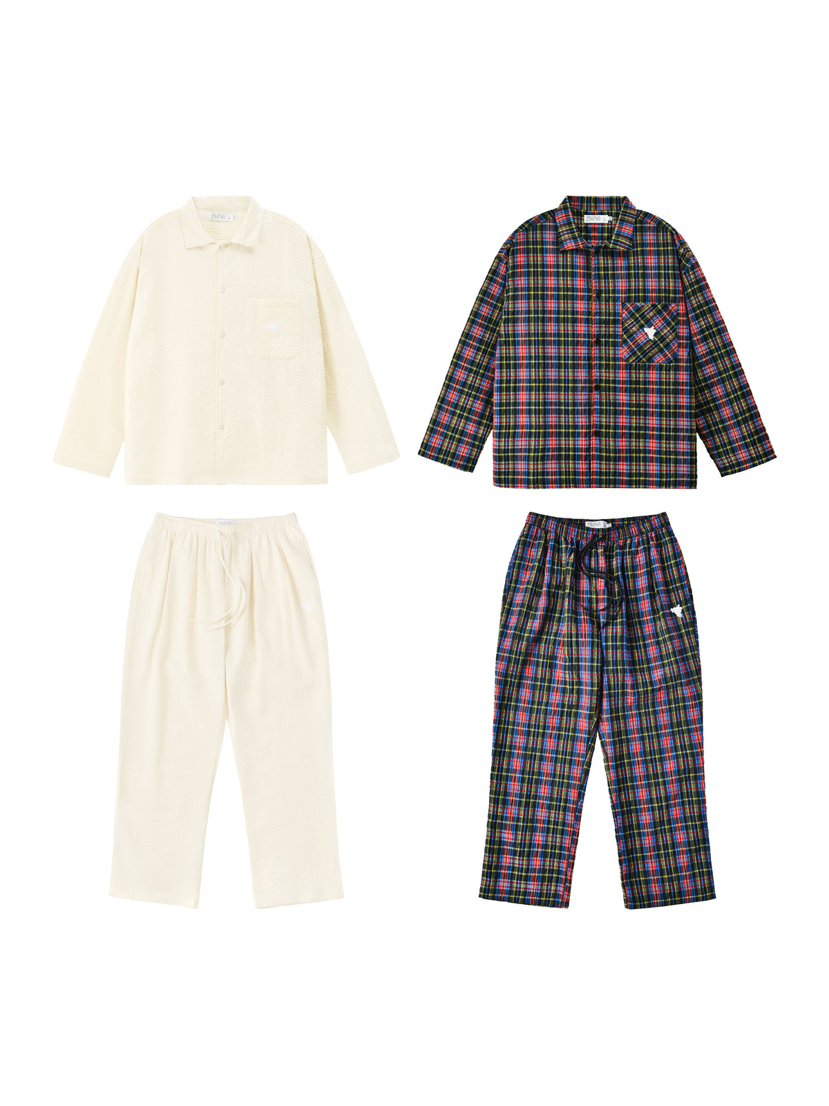 Two sets of pajama sets, one cream and one plaid, on a white background.