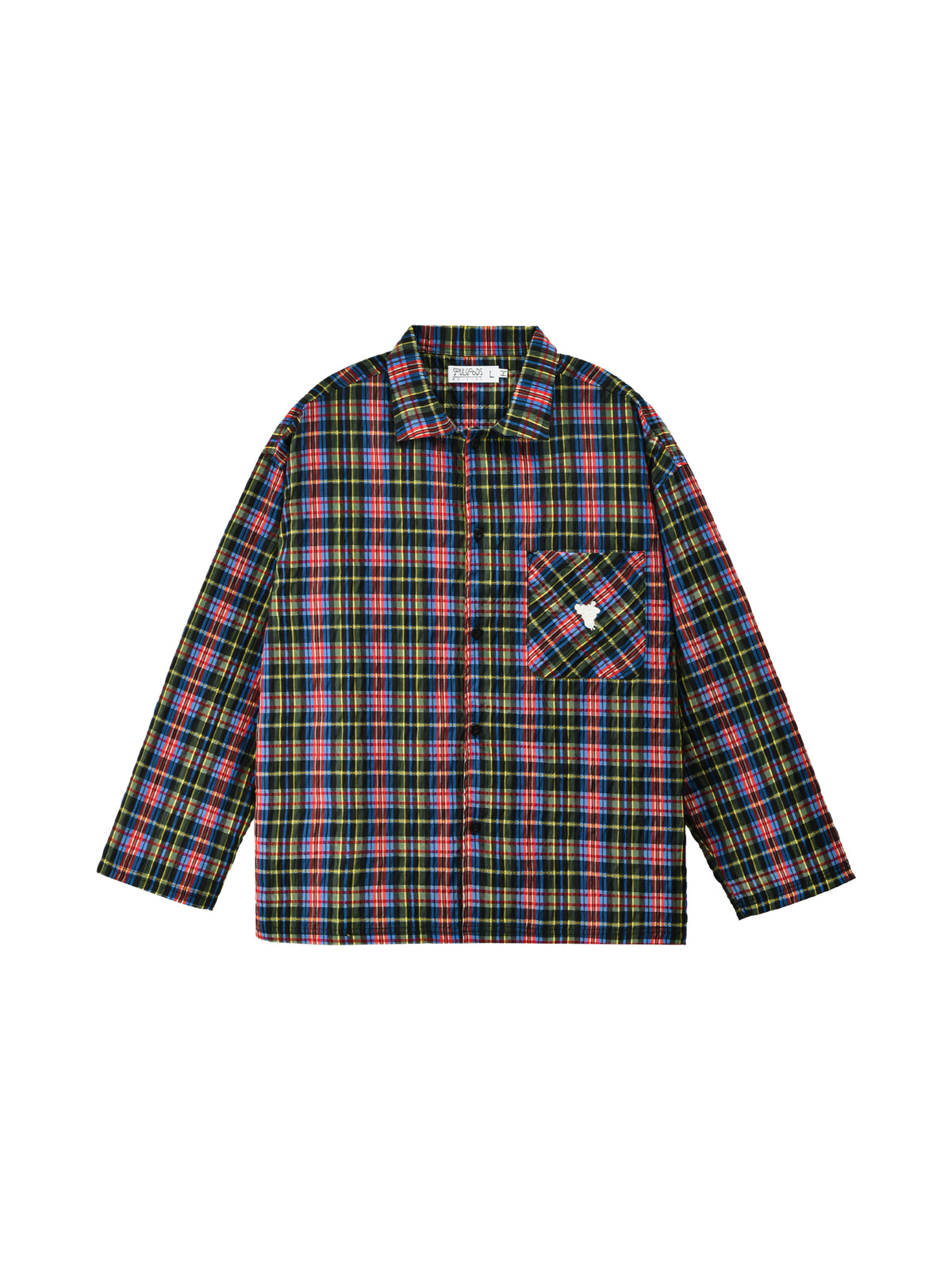 Plaid pajama shirt with a pocket and soulgoods tiger head logo on a white background