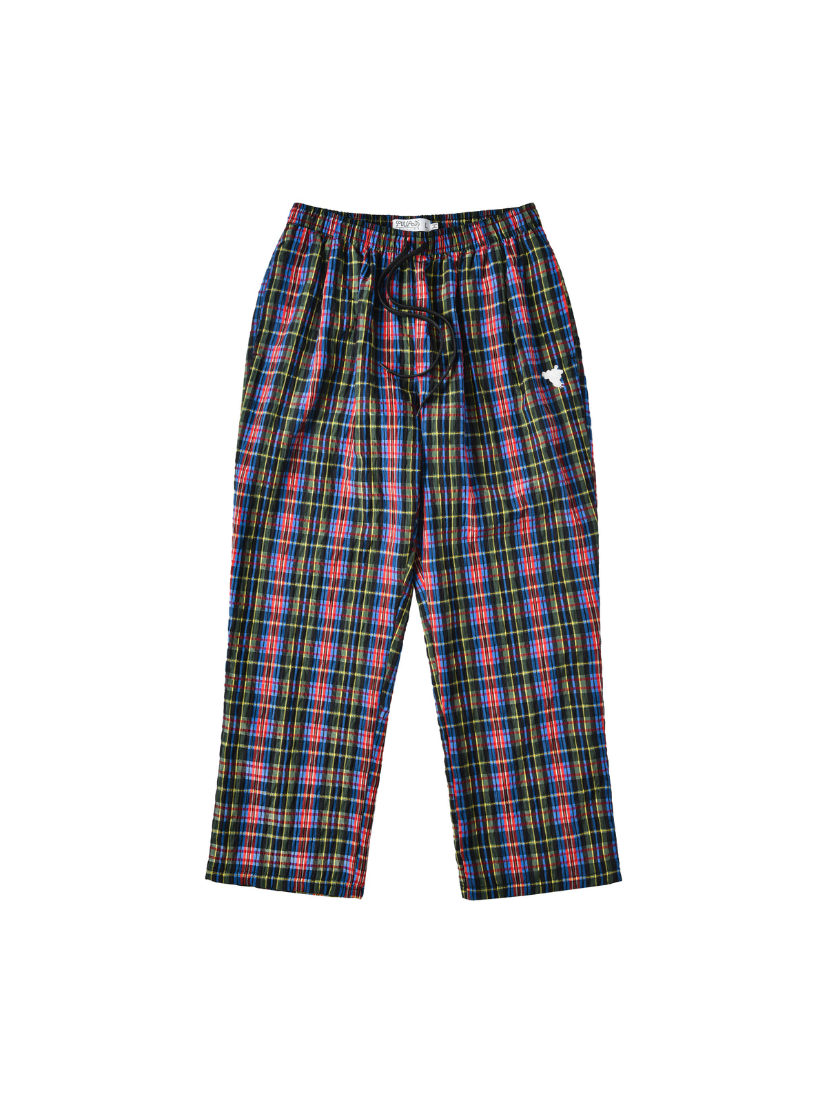 Plaid pants with a  small white soulgoods tiger head logo on a white background