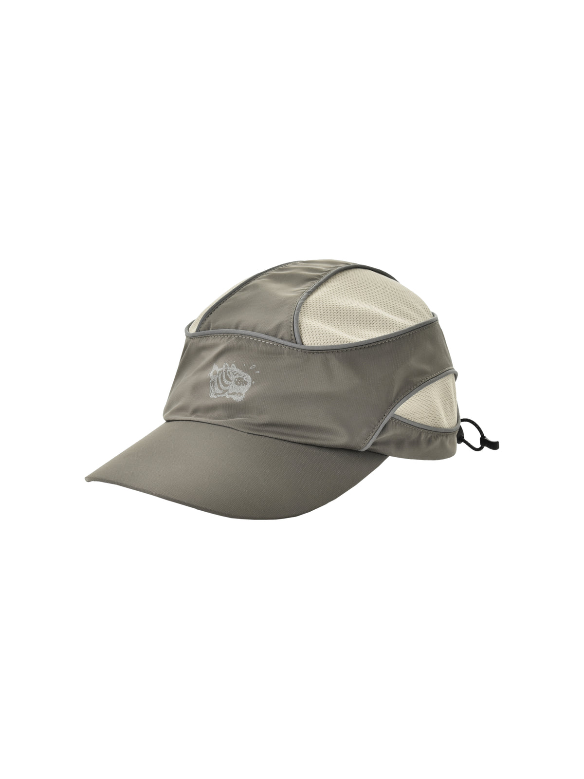 Gray cap with neck flap on a white background. also a grey soulgoods tiger head logo on the cap.