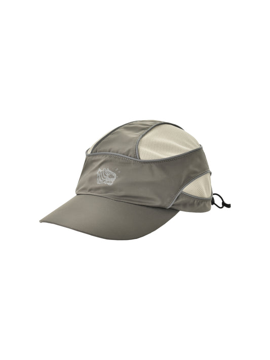 Gray cap with neck flap on a white background. also a grey soulgoods tiger head logo on the cap.