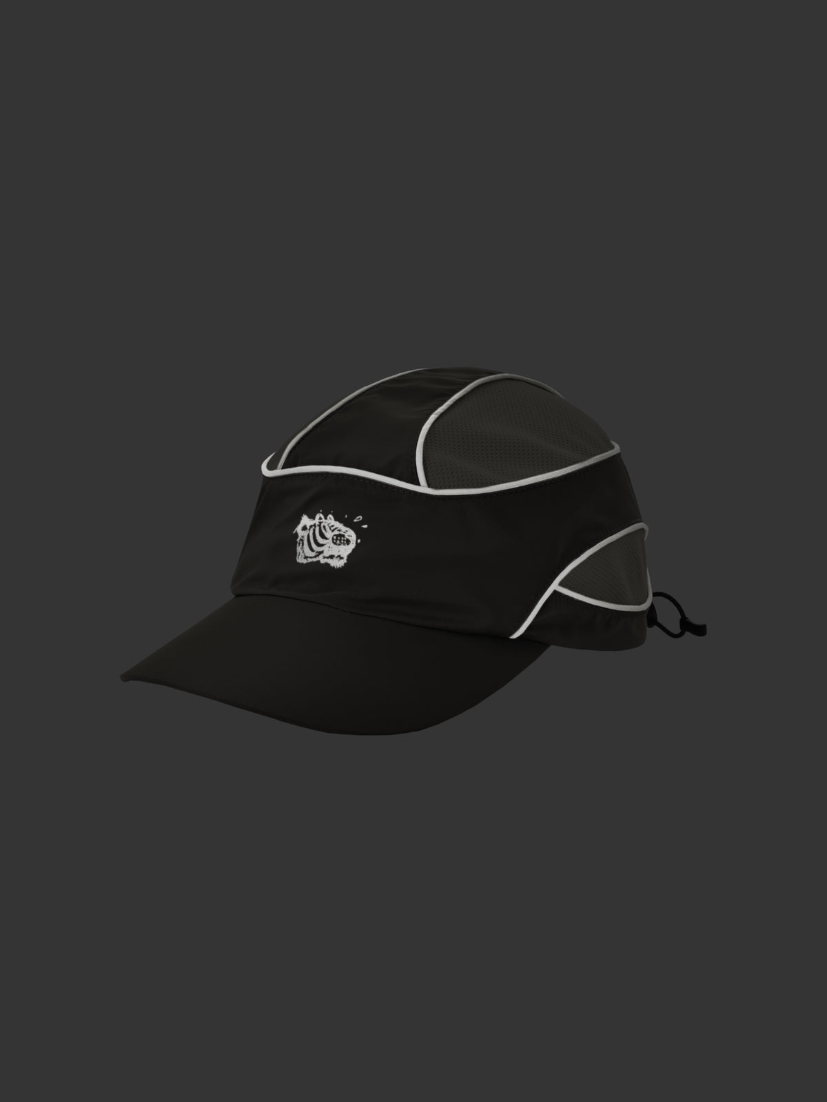 Night glow Black cap with white soulgoods tiger head logo on a black background