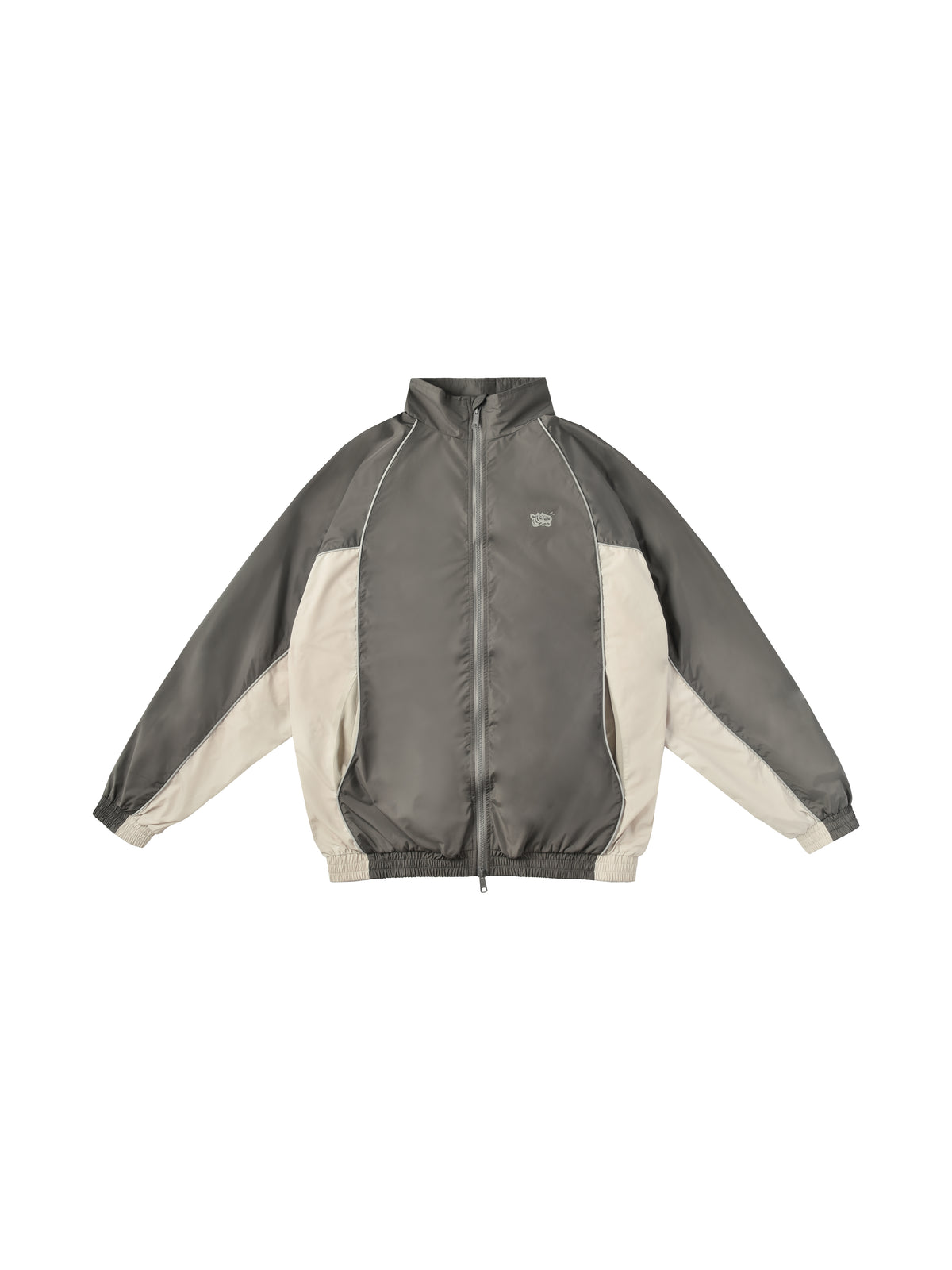 Gray and beige jacket with a small white soulgoods tiger head logo on a white background
