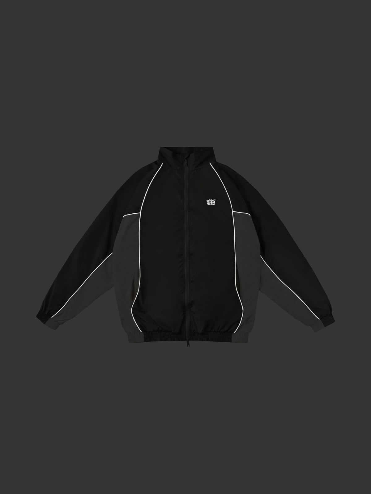 Night glow Black jacket with white accents on a dark gray background
