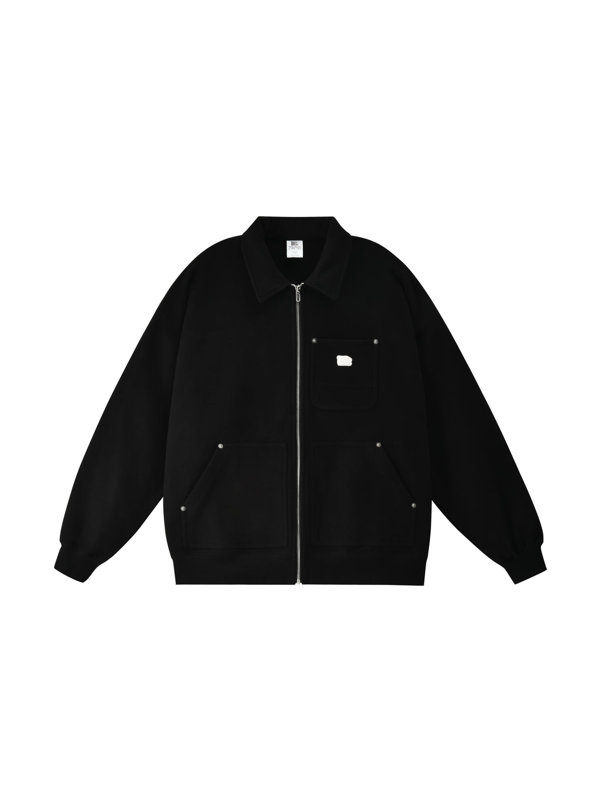 Black jacket with a small soulgoods tiger head white logo on a white background