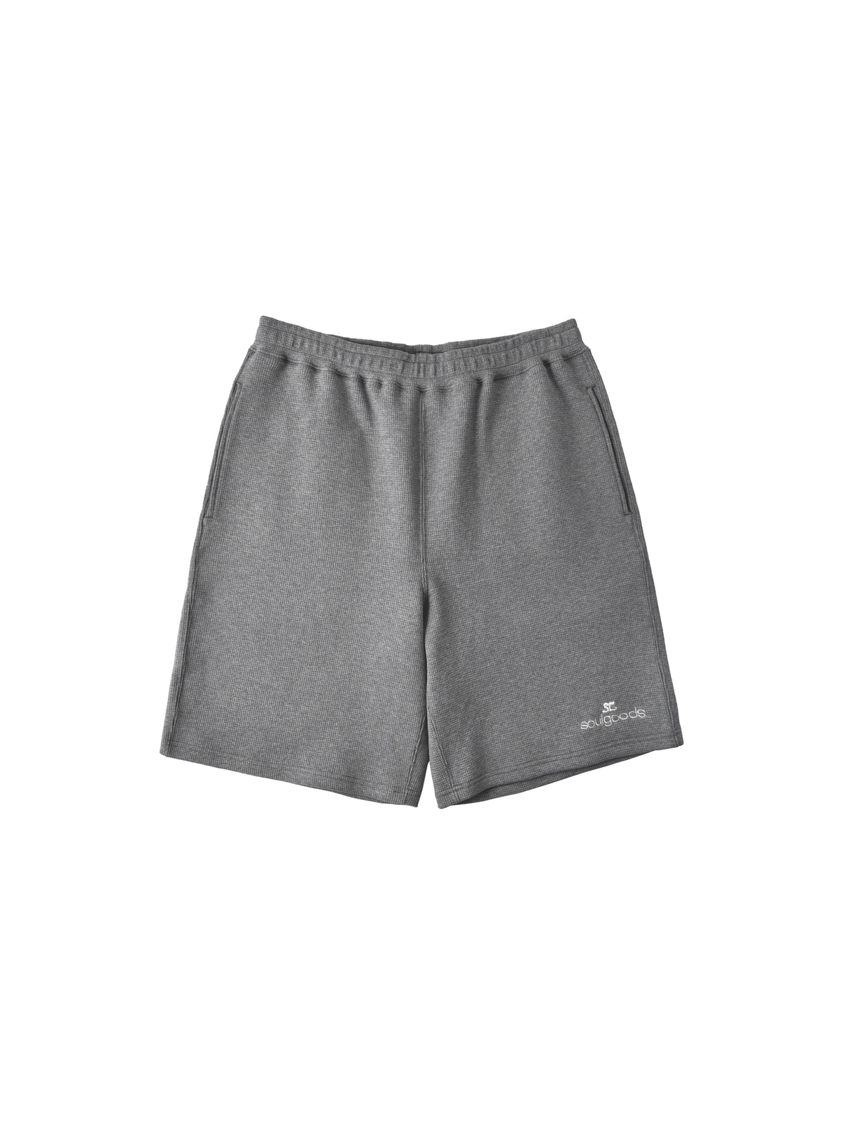 A pair of heather gray athletic shorts with an elastic waistband and a small white logo on the lower left leg, displayed against a solid white background.