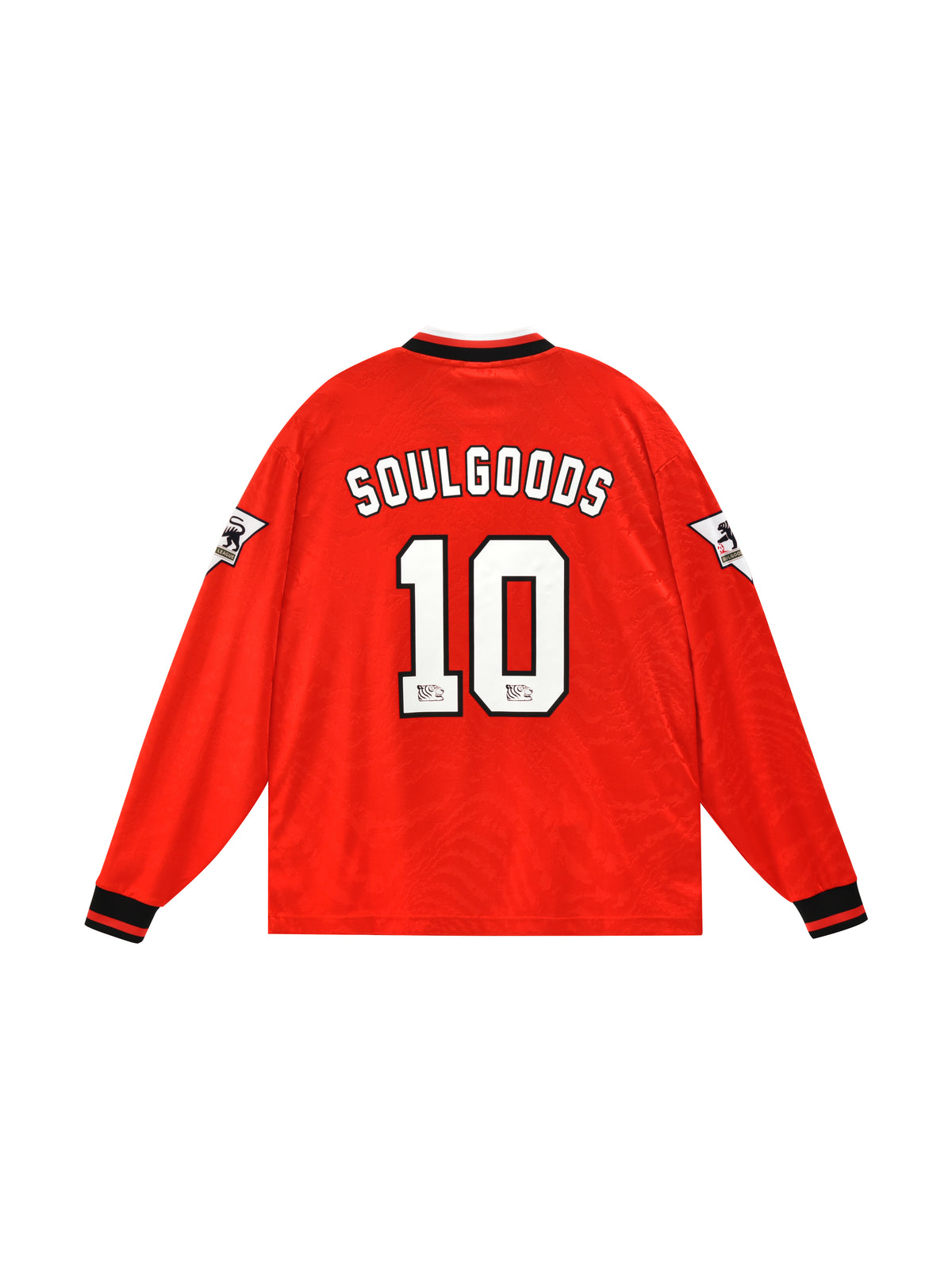 Red long-sleeve shirt with 'Soulgoods' branding and number 10 on a white background