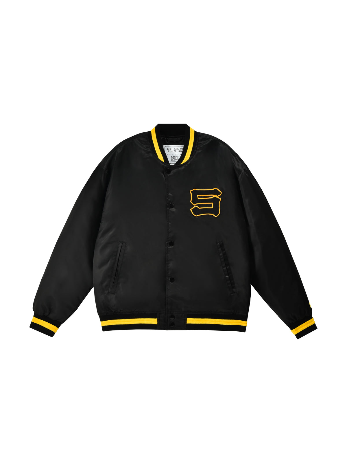 Black varsity jacket with yellow accents and Letter S on a white background