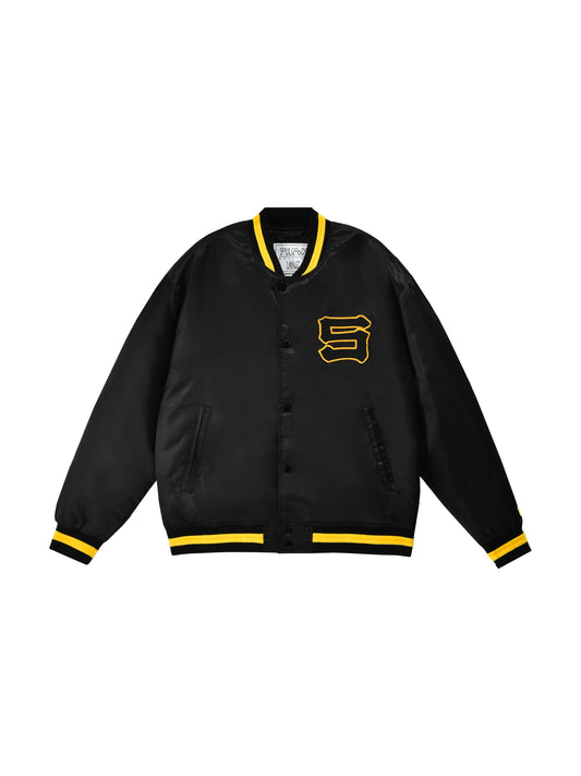 Black varsity jacket with yellow accents and Letter S on a white background