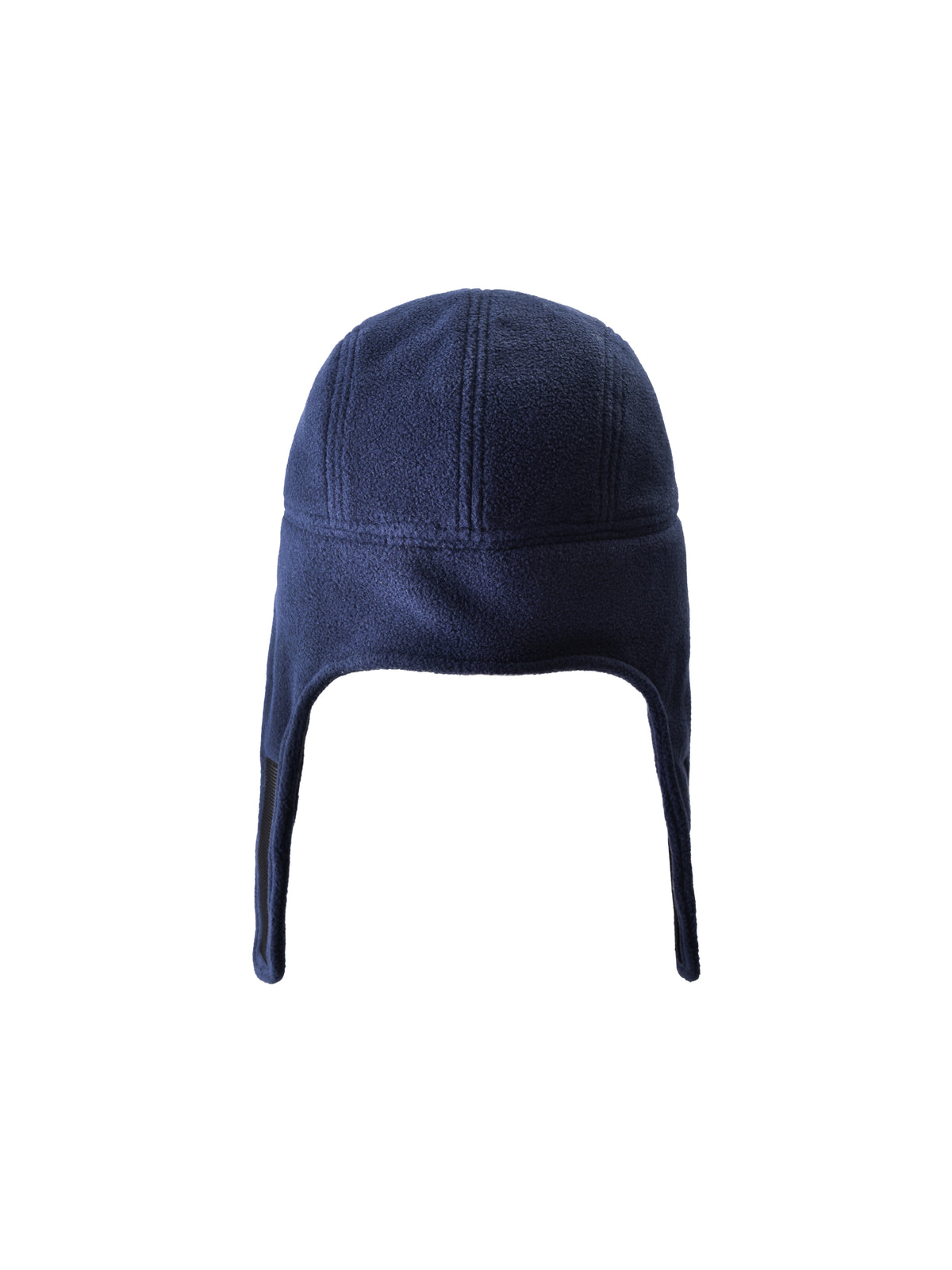 Navy blue winter hat with ear flaps on a white background