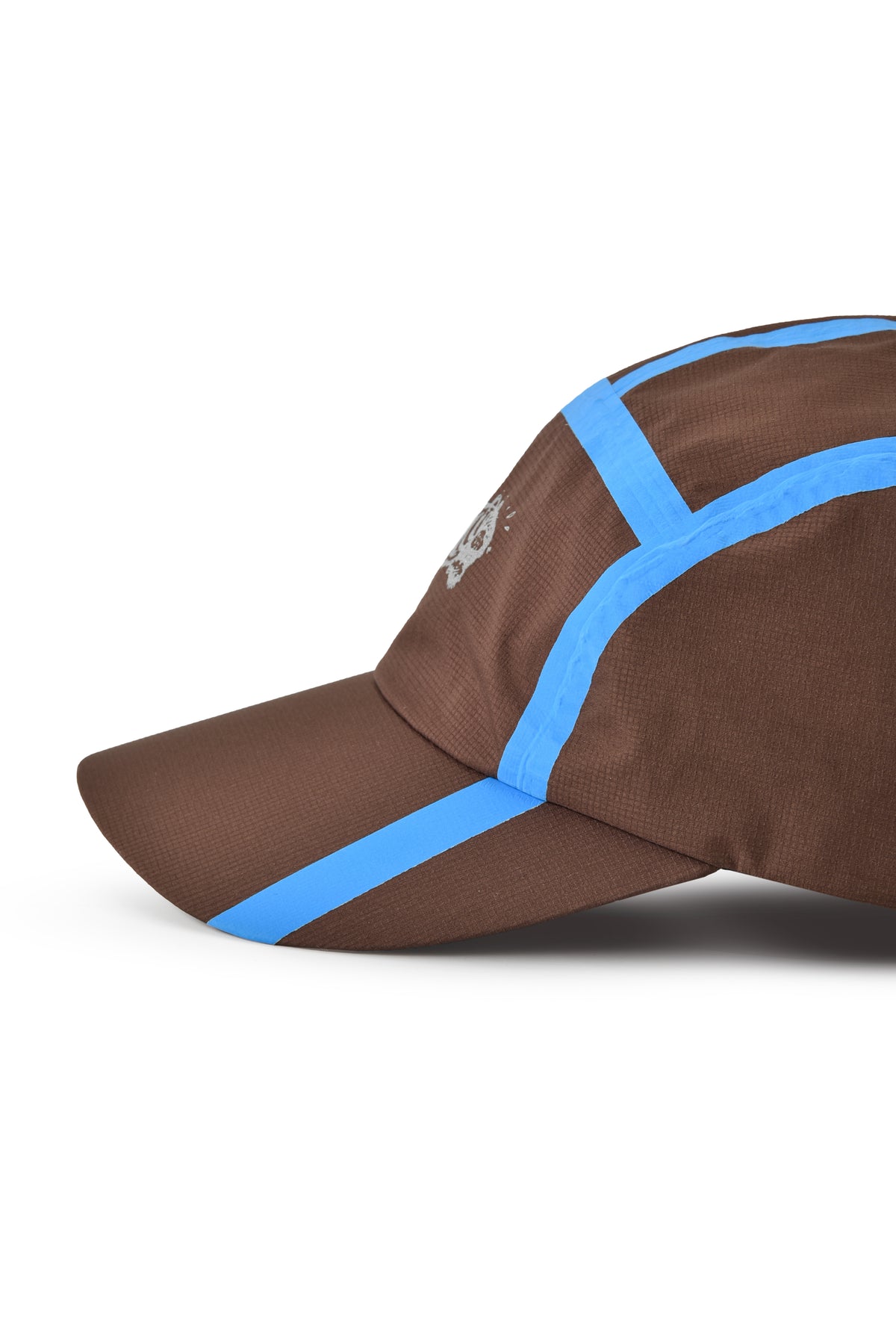 Brown cap with blue accents on a white background
