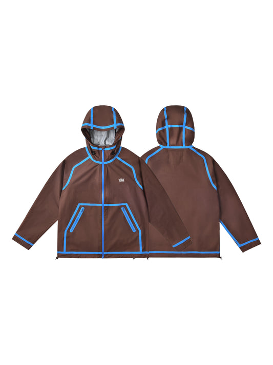 Brown raincoat with blue accents on a white background