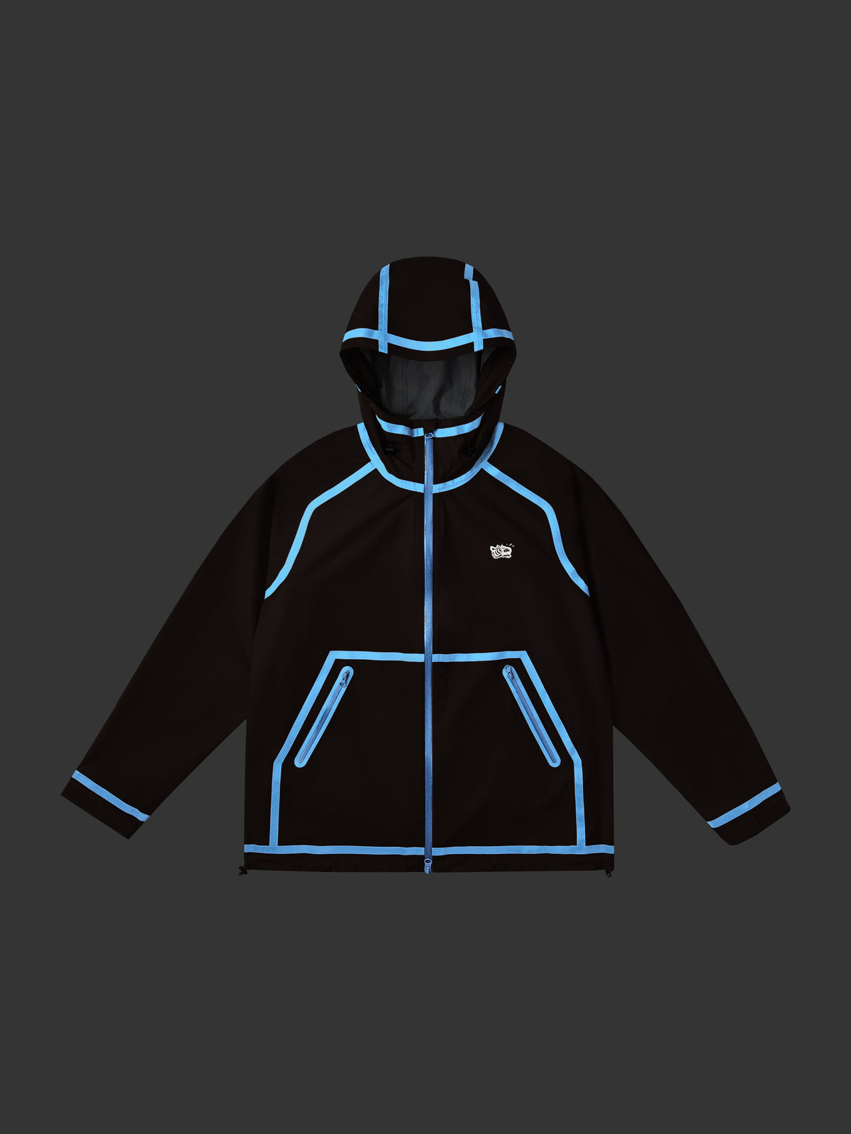 night glow Black jacket with blue reflective accents on a black background