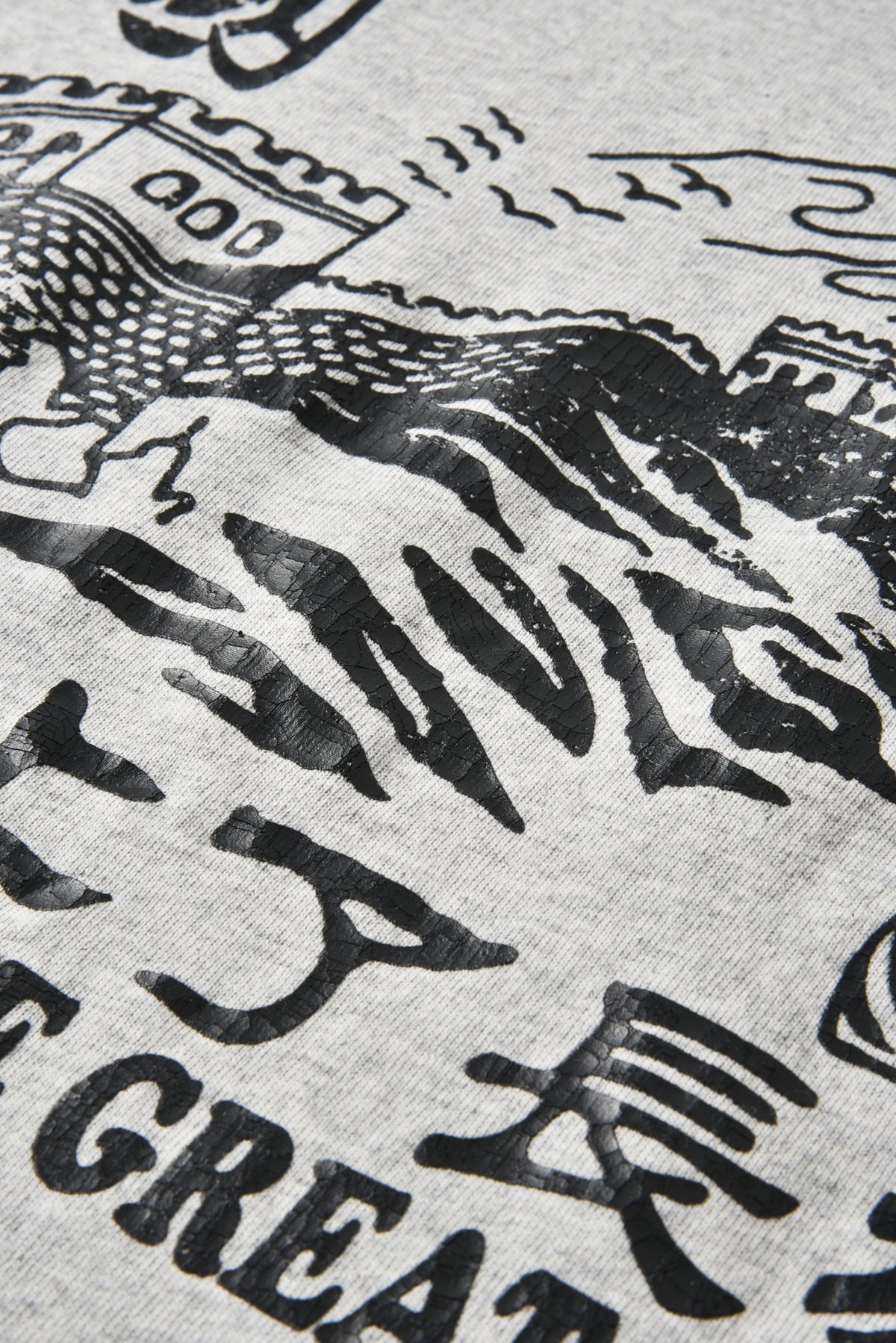 Close-up of a light gray heather t-shirt featuring a bold black graphic print with stylized text and illustrated elements.