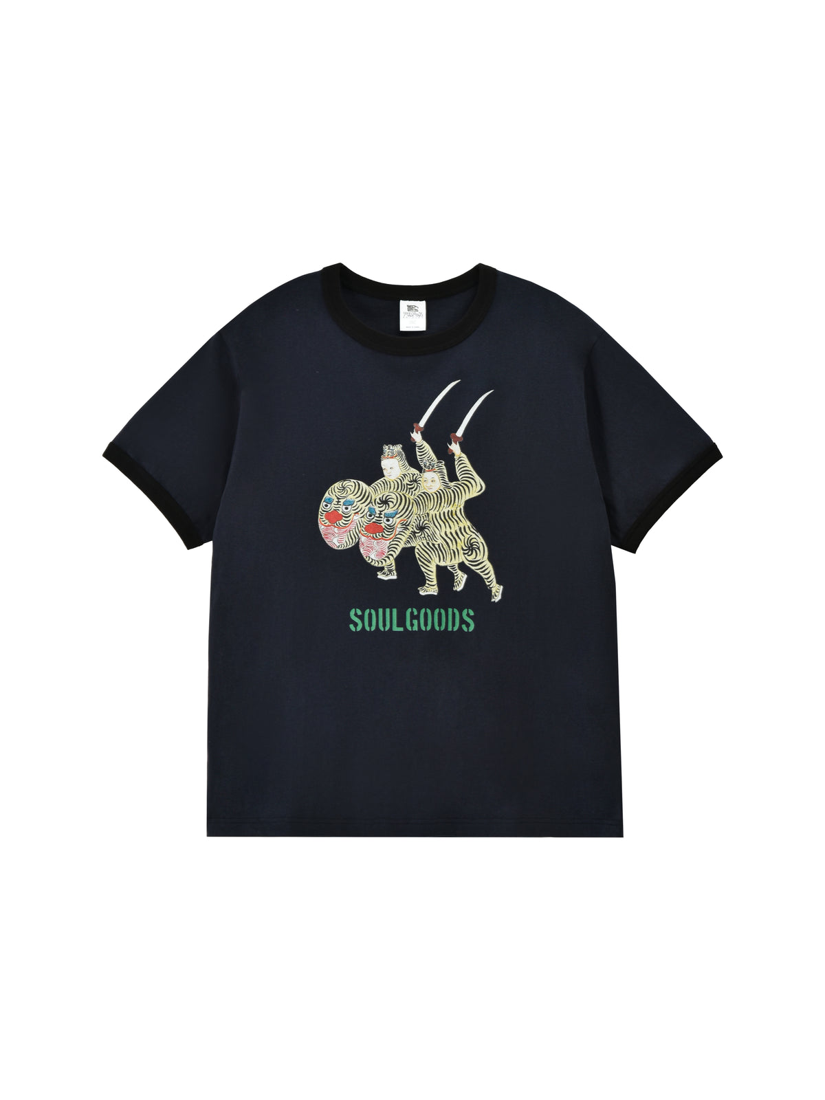 Black t-shirt with a graphic design and 'Soul Goods' branding on a white background