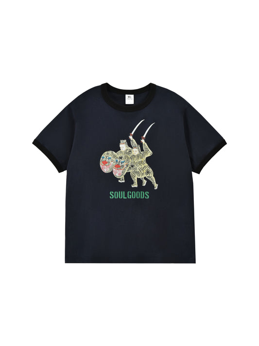 Black t-shirt with a graphic design and 'Soul Goods' branding on a white background