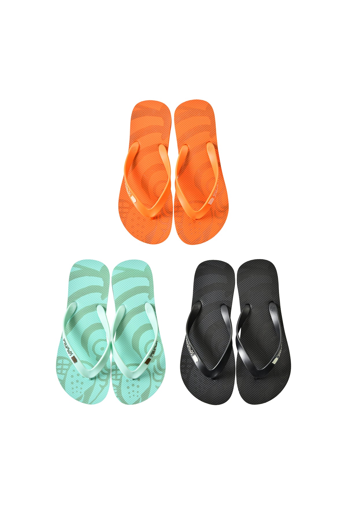 Three pairs of flip-flop sandals arranged on a white background: orange at the top, mint green at the lower left, and black at the lower right. Each pair has a curved strap and a patterned footbed.