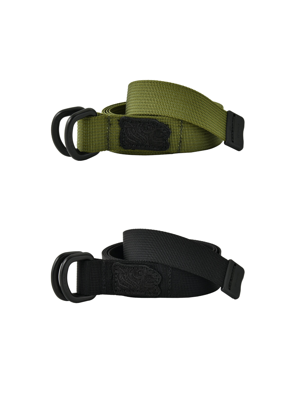 Two belts, one green and one black, on a white background