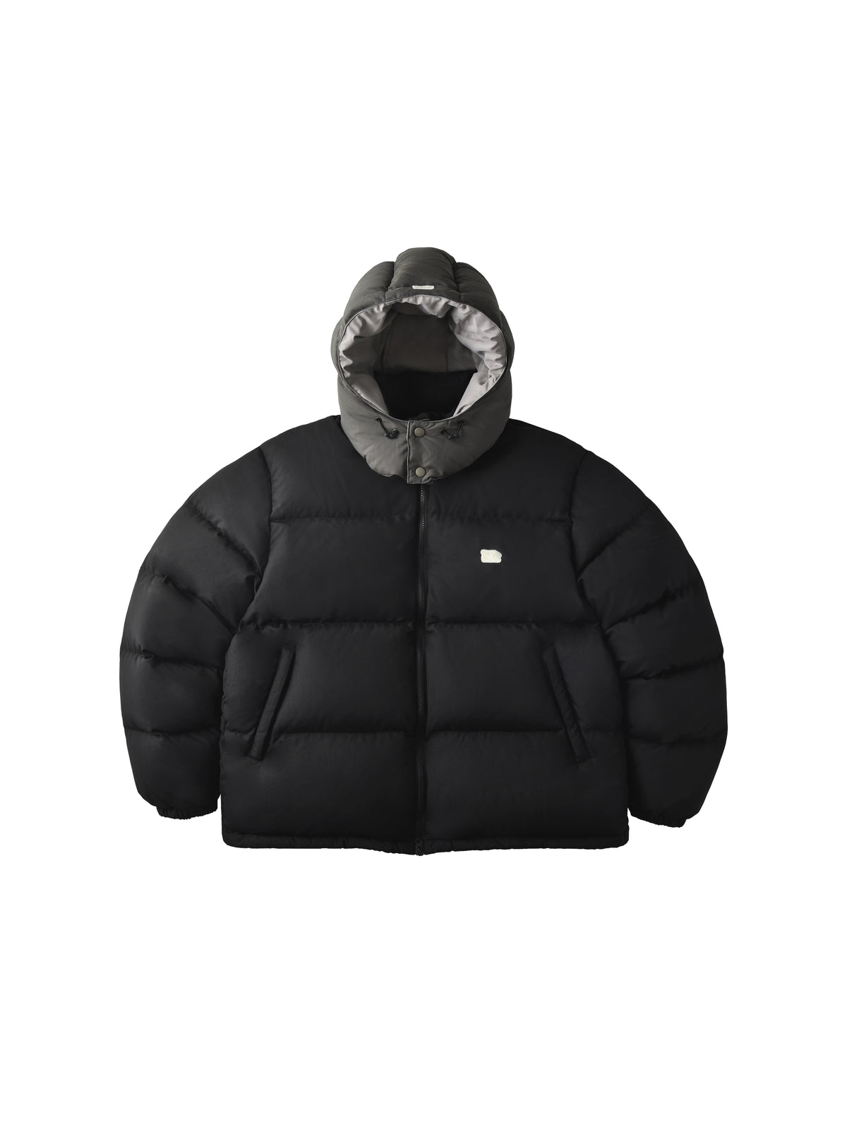Black puffer jacket with gray hood on a white background