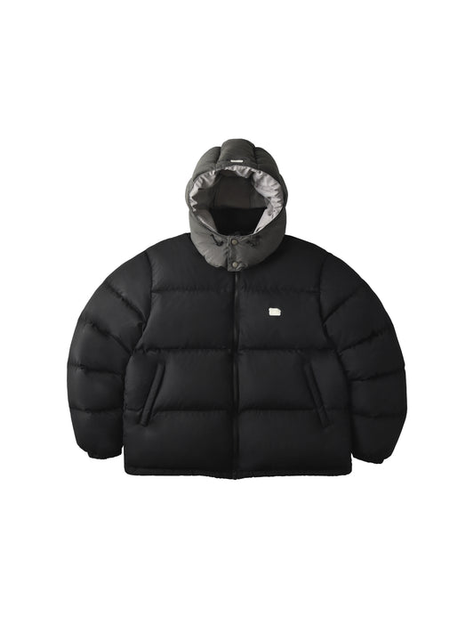 Black puffer jacket with gray hood on a white background
