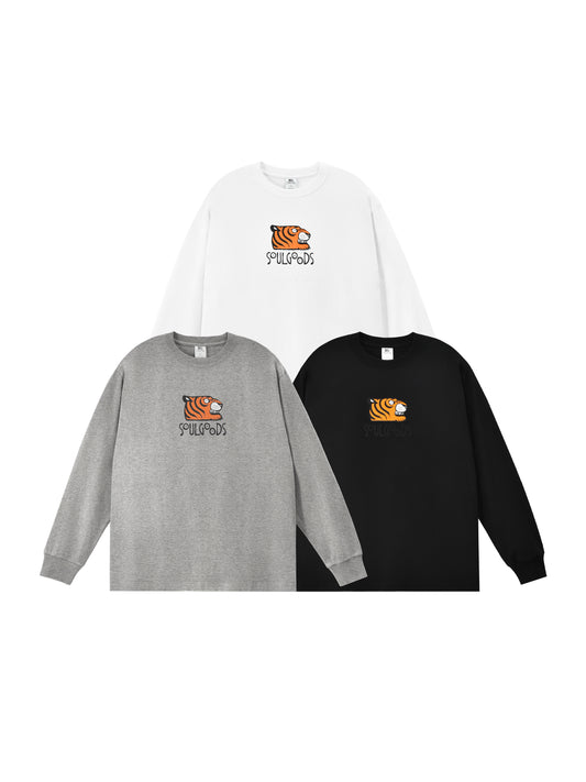 Three long-sleeve shirts in white, gray, and black with a SOULGOODS Tiger Head logo on the chest against a white background.