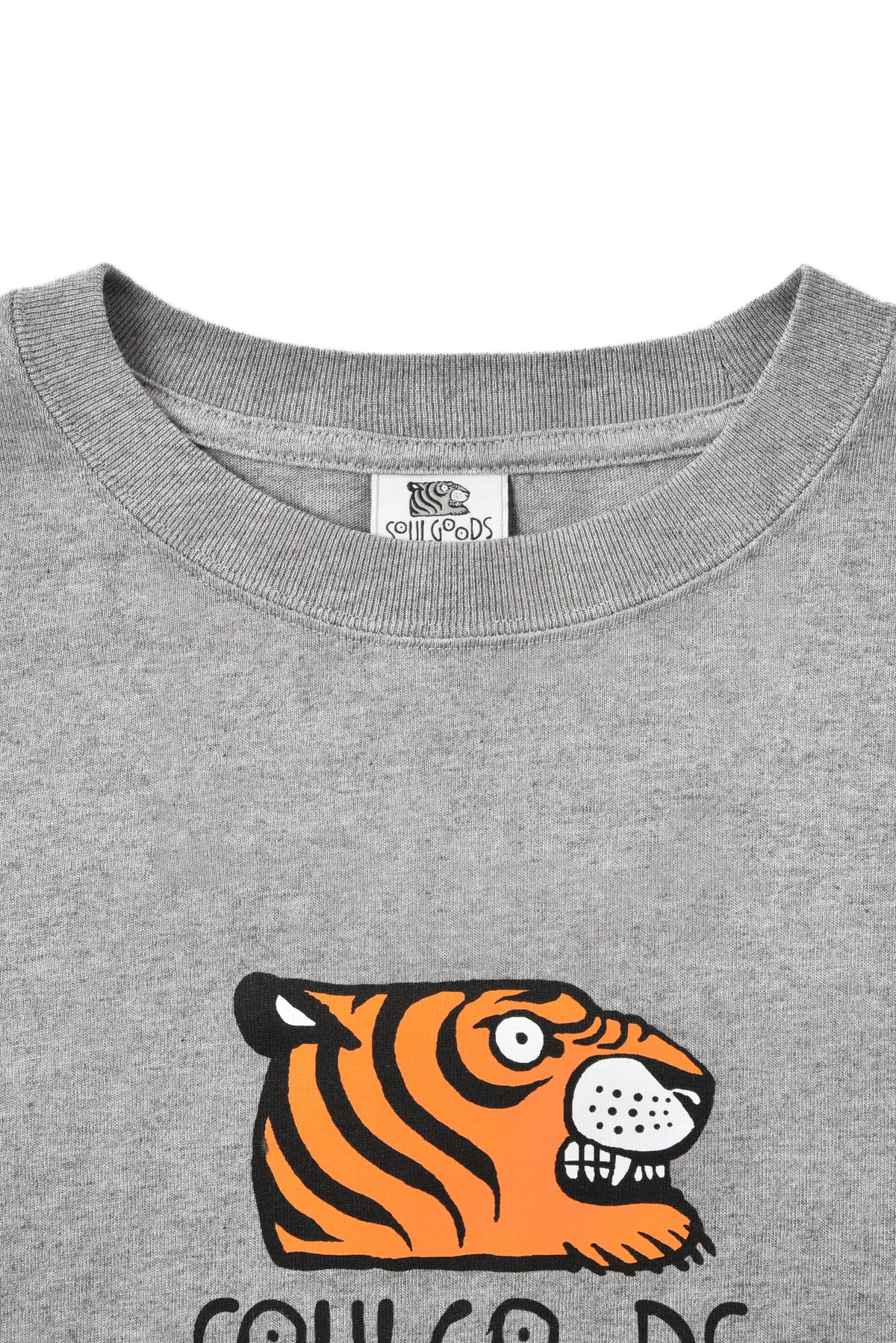 Gray sweatshirt with a tiger graphic and SOULGOODS brand label on a white background