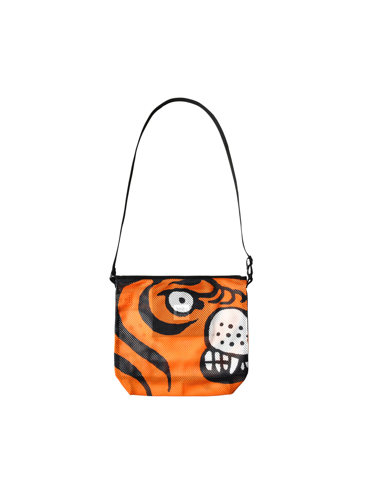 An orange mesh shoulder bag featuring a cartoon tiger face graphic in black and white, complete with a thin black shoulder strap, shown against a plain white background.