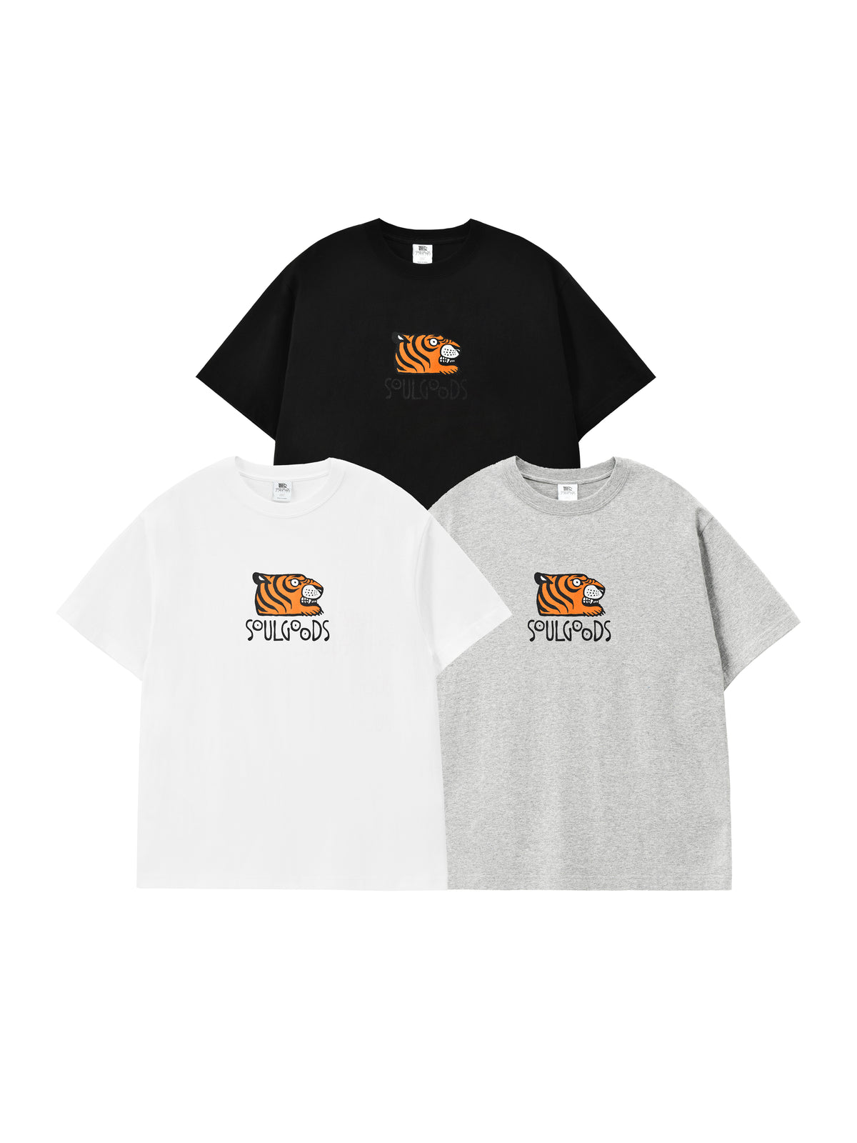 Three t-shirts in black, white, and gray with a tiger logo and 'SOULGOODS' text on a white background.