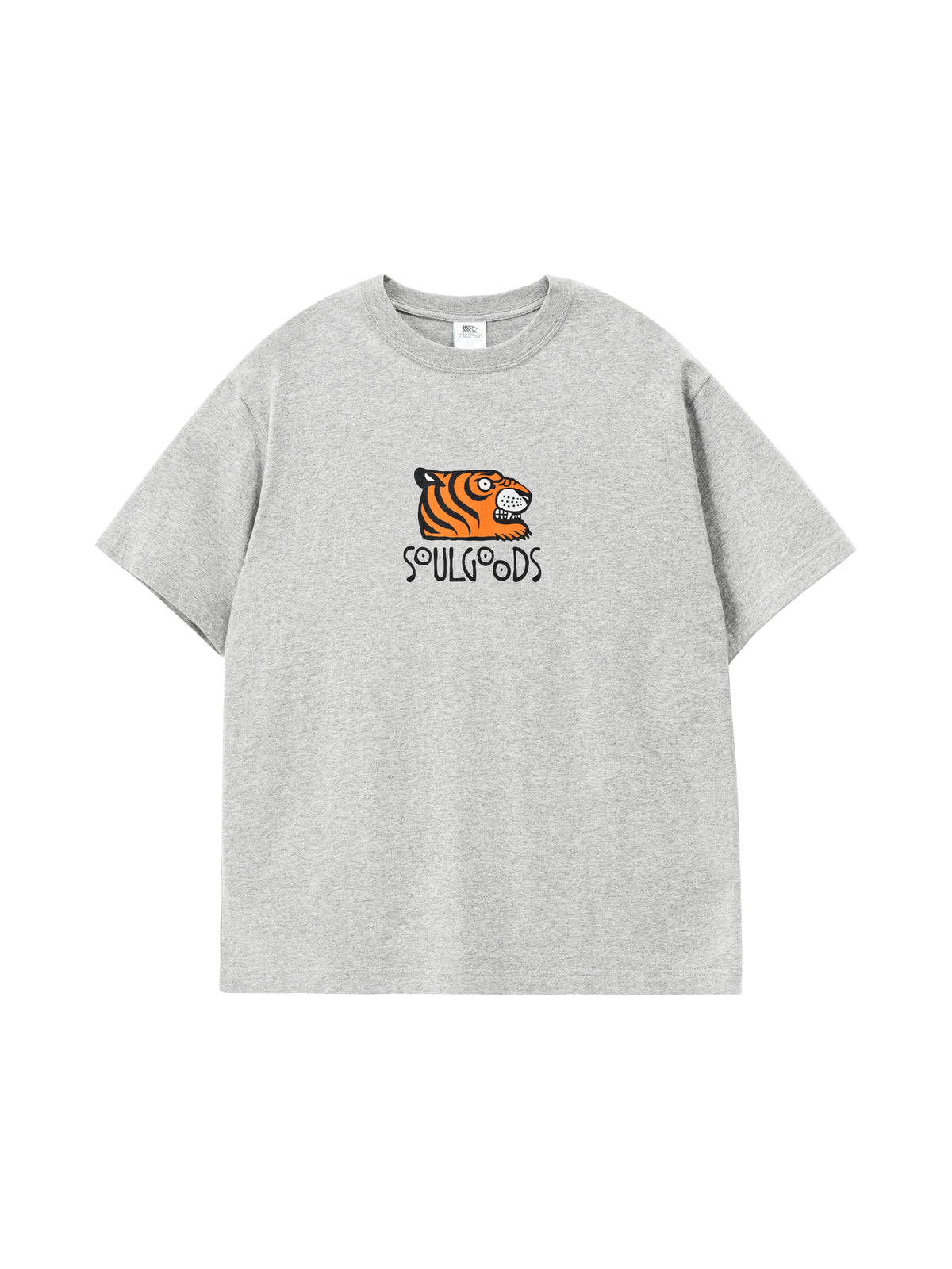 Gray t-shirt with a tiger logo and text 'SOULGOODS' on a white background