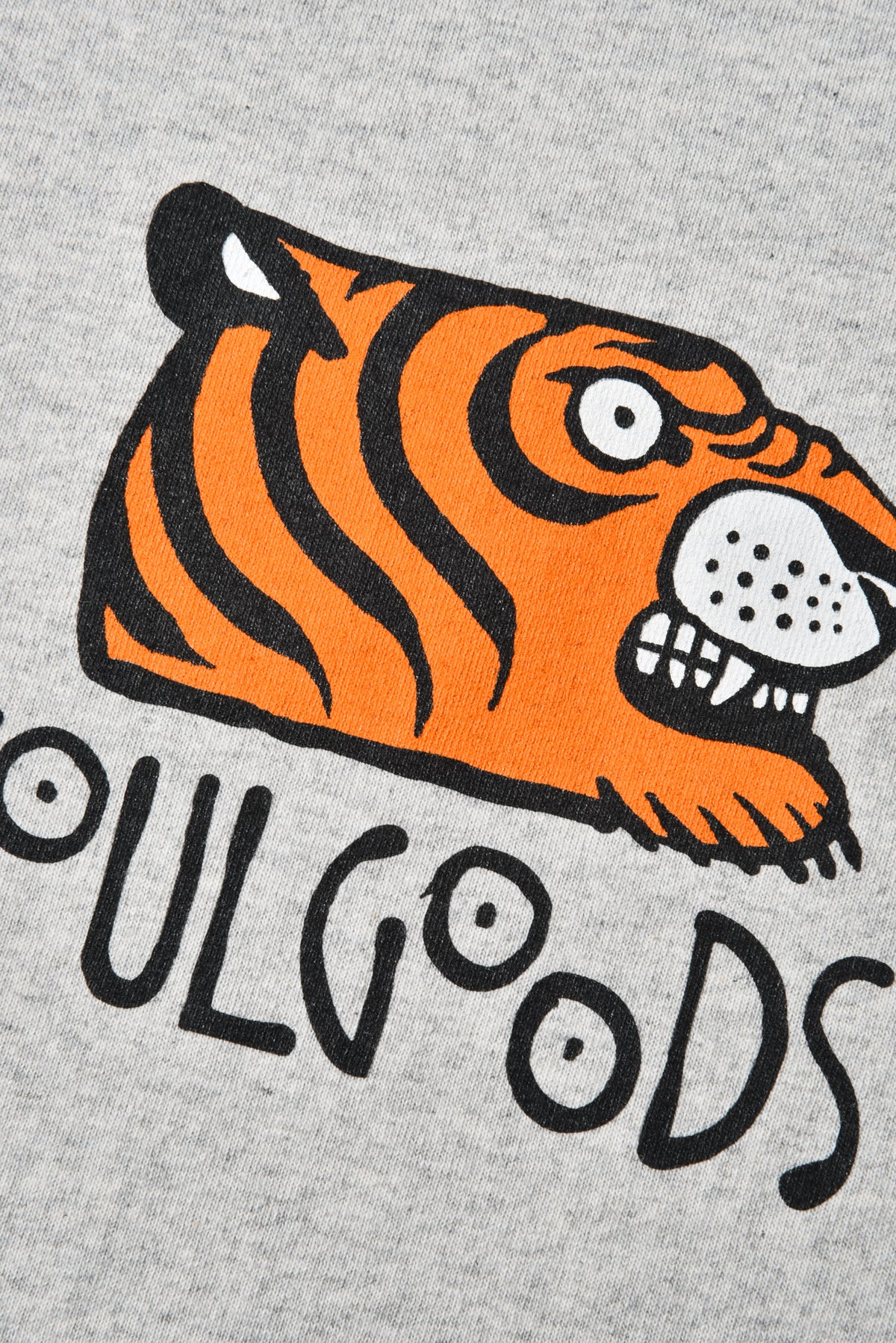 Gray sweatshirt with an orange tiger graphic and 'Soulgoods' text on a gray background
