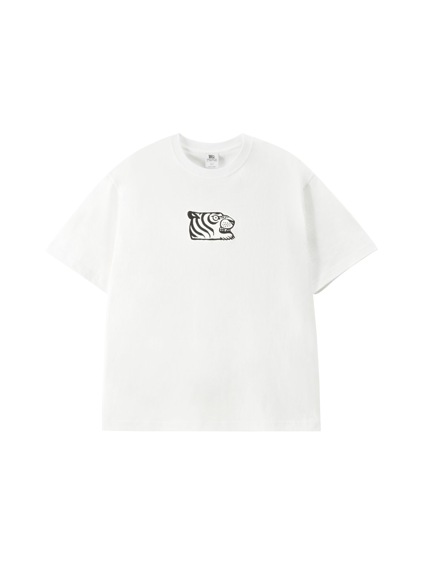 A white short-sleeve crewneck t-shirt featuring a small black tiger graphic on the center chest, displayed against a solid white background.