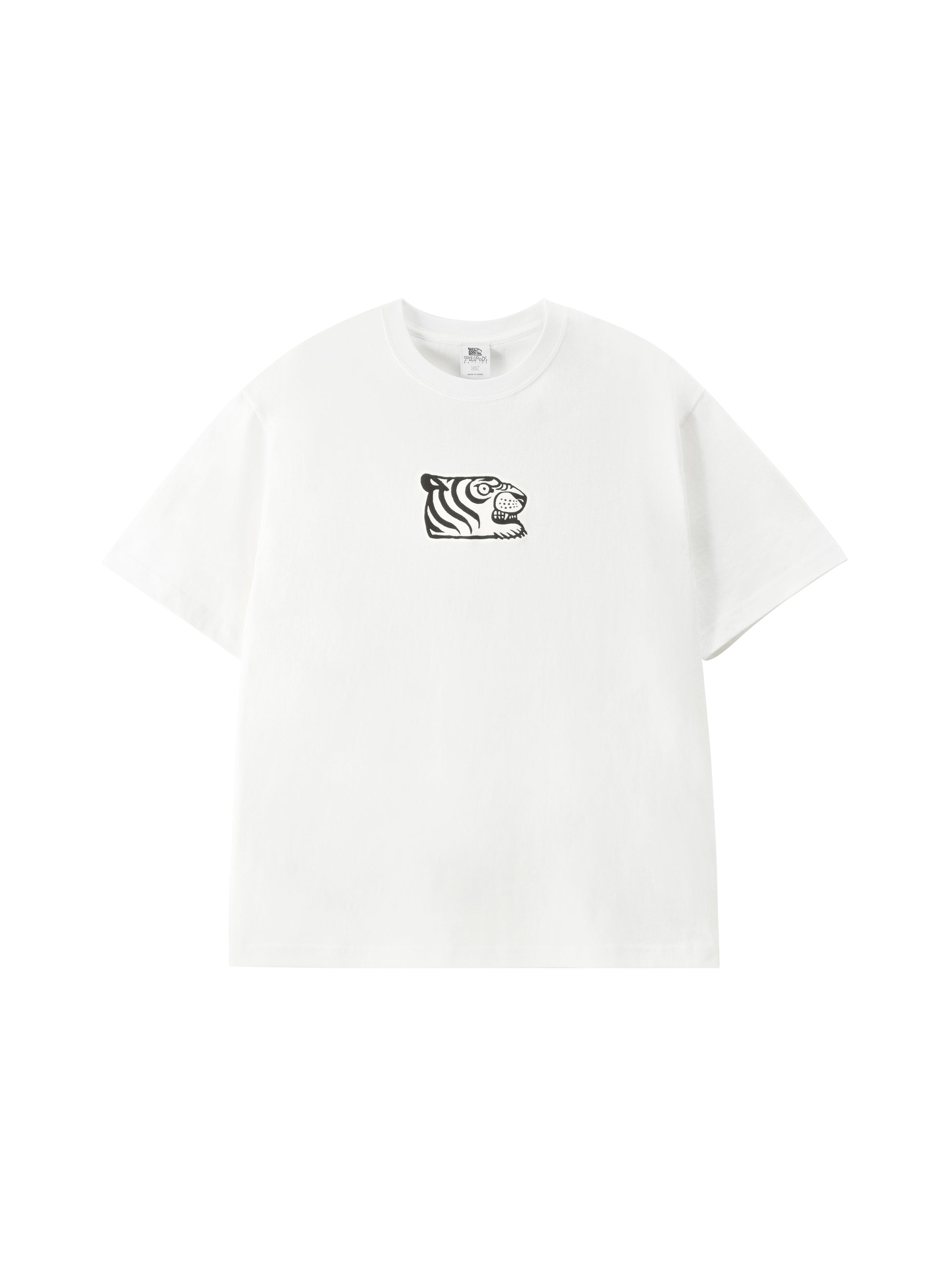 A white short-sleeve crewneck t-shirt featuring a small black tiger graphic on the center chest, displayed against a solid white background.