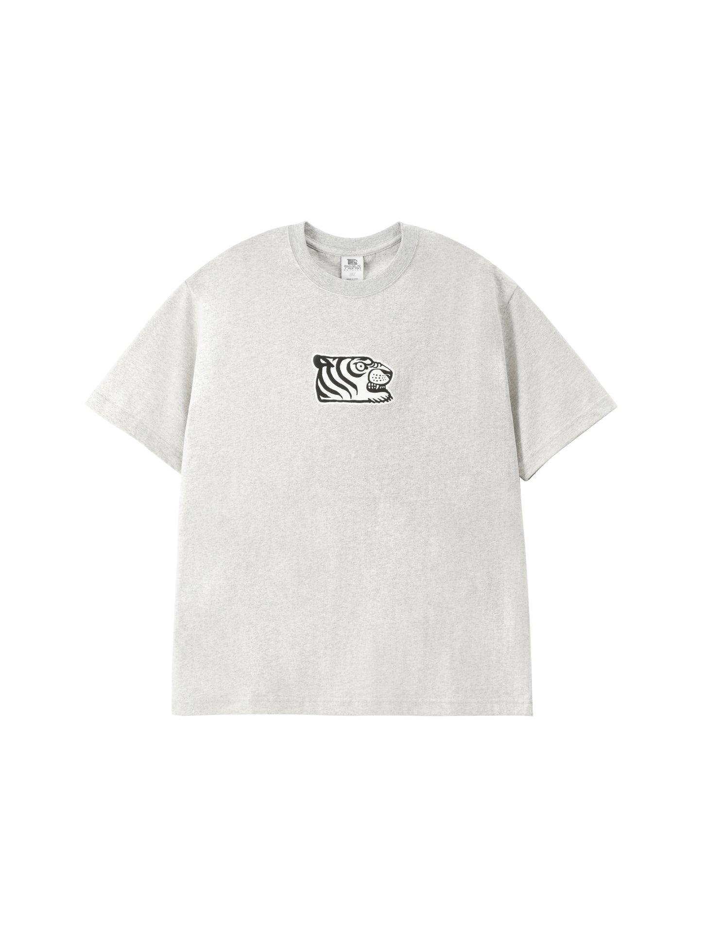 A light gray heather crewneck t-shirt with a small black tiger graphic printed on the center chest, displayed flat against a solid white background.