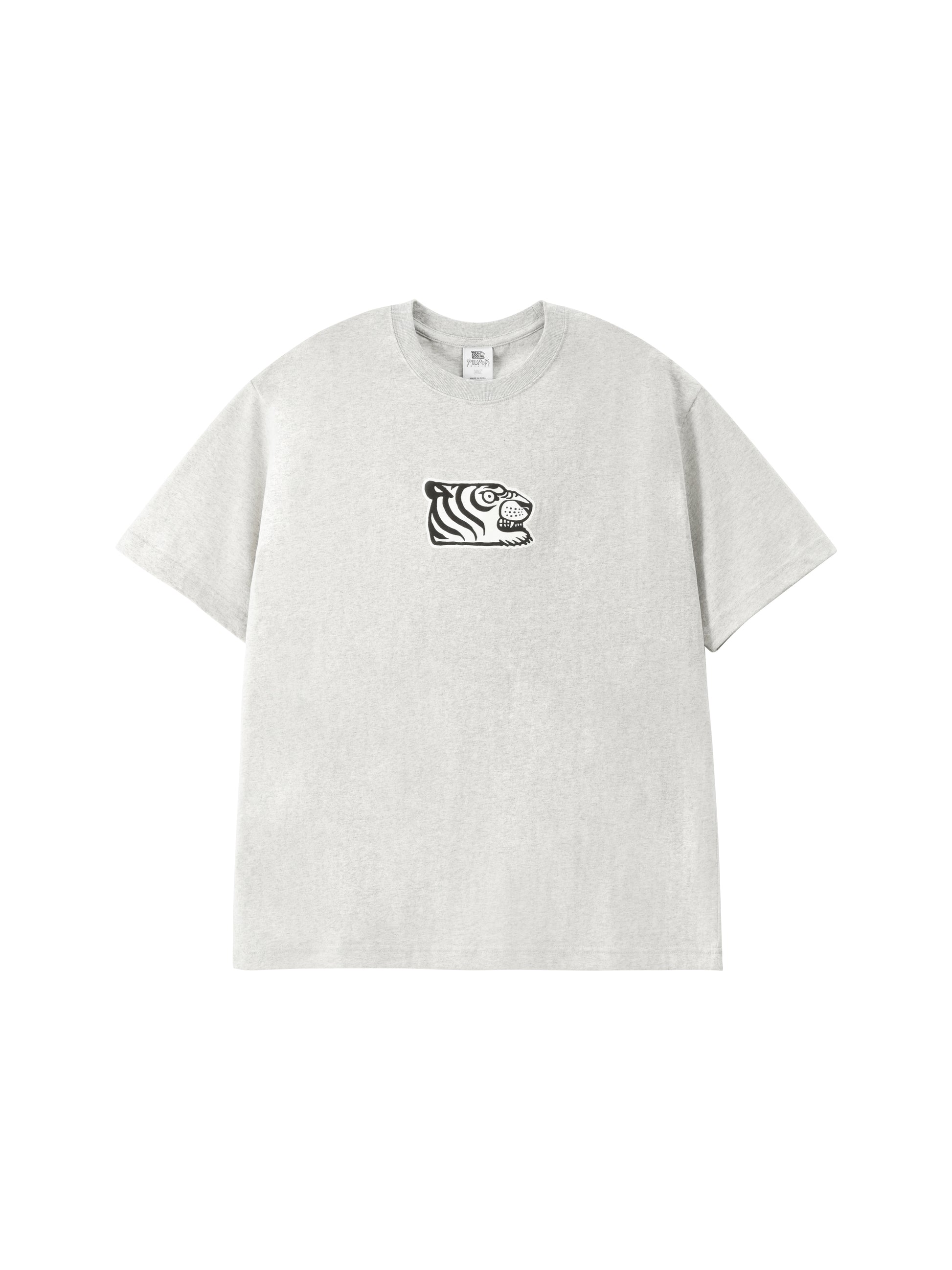 A light gray heather crewneck t-shirt with a small black tiger graphic printed on the center chest, displayed flat against a solid white background.