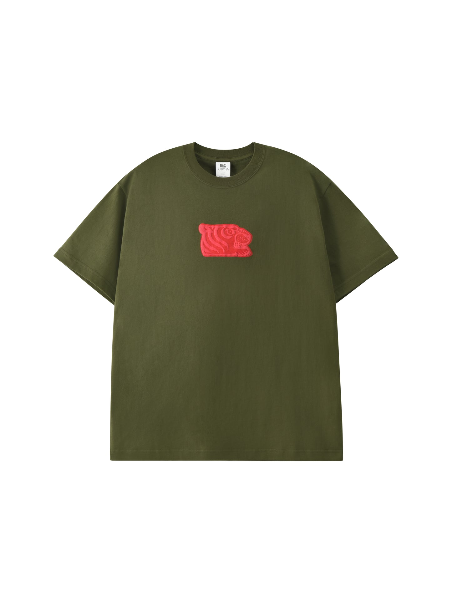 An olive green short-sleeve t-shirt with a small red embroidered tiger face graphic on the center chest, displayed flat against a plain white background.