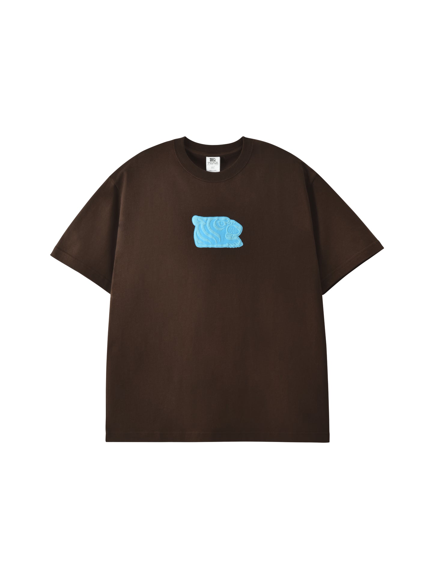 A dark brown short-sleeve crewneck t-shirt with a small light blue textured graphic on the chest, displayed flat against a solid white background.