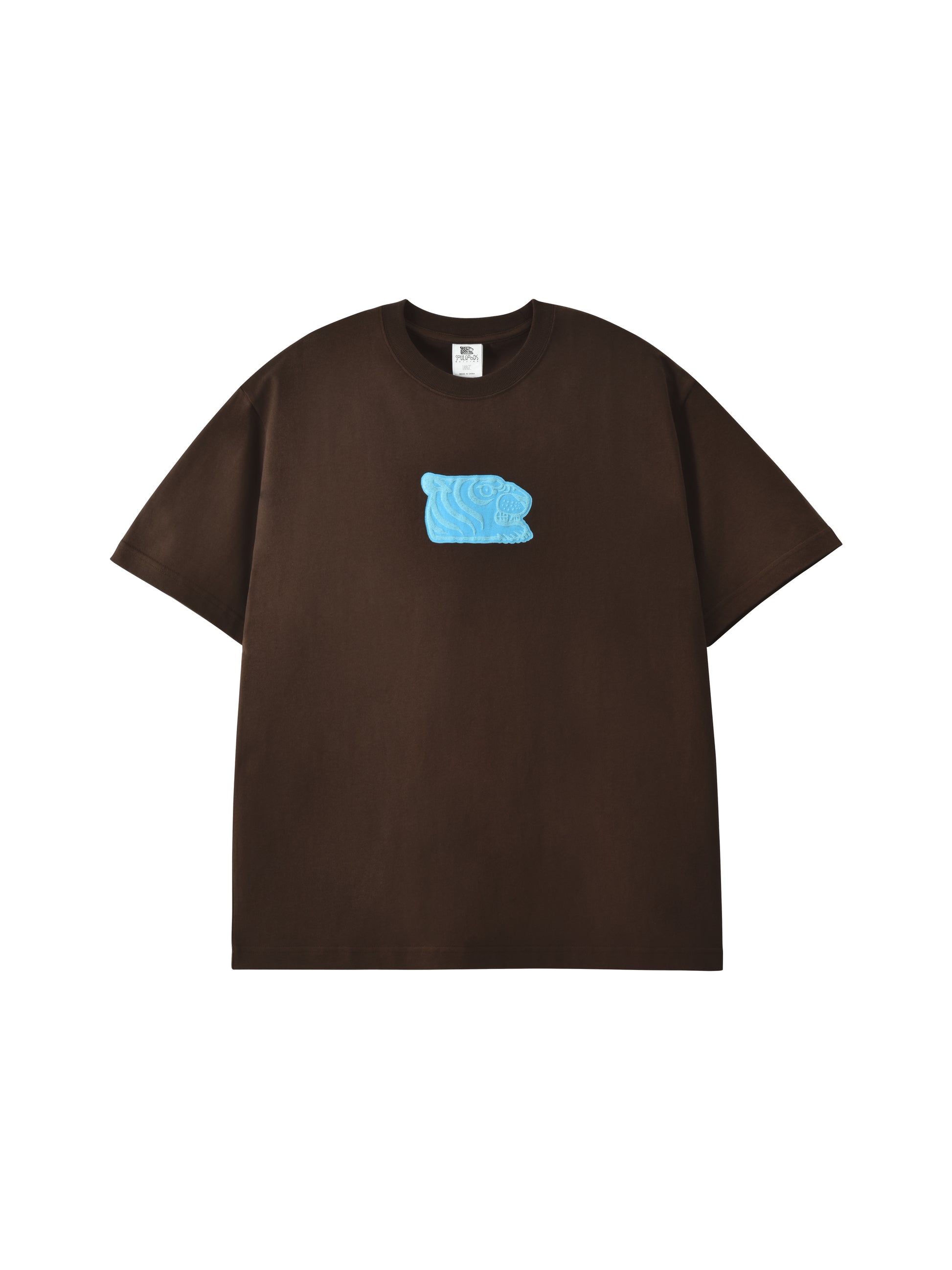 A dark brown short-sleeve crewneck t-shirt with a small light blue textured graphic on the chest, displayed flat against a solid white background.