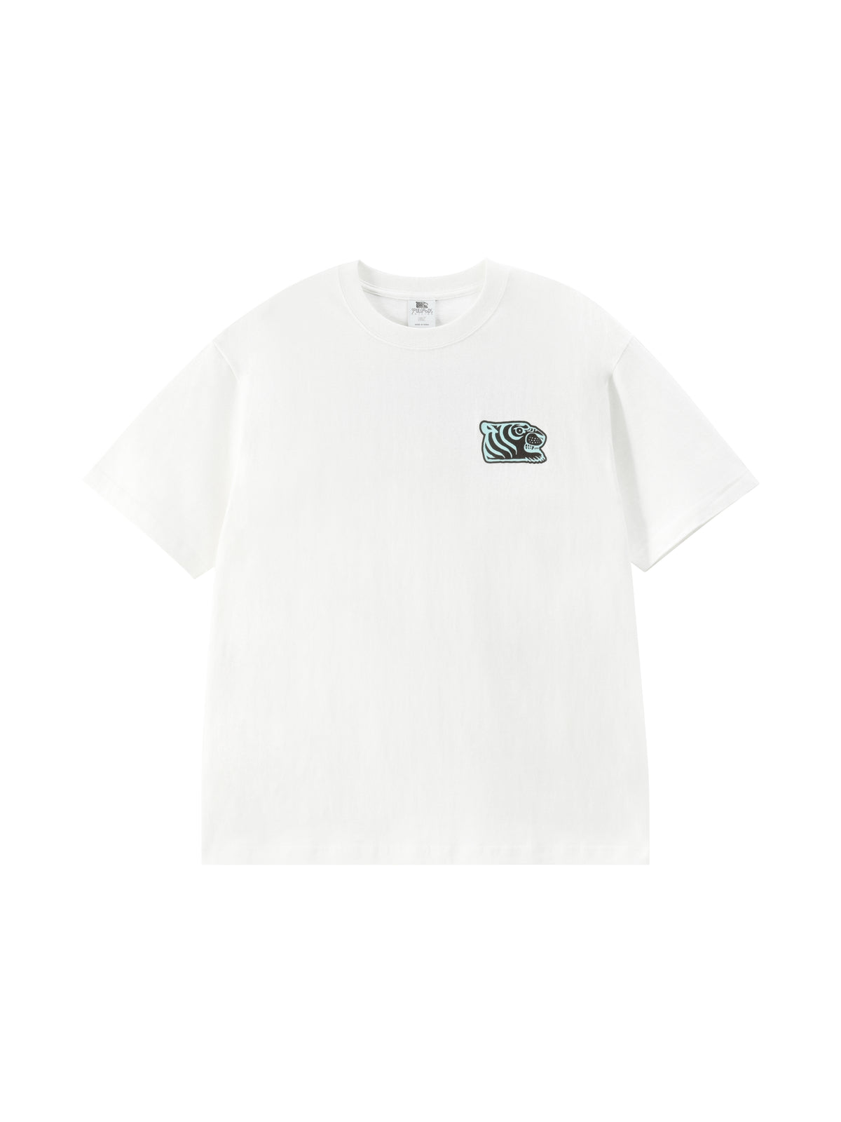 A white short-sleeve crewneck t-shirt with a small soulgoods tiger embroidered graphic on the left chest, displayed flat against a solid white background