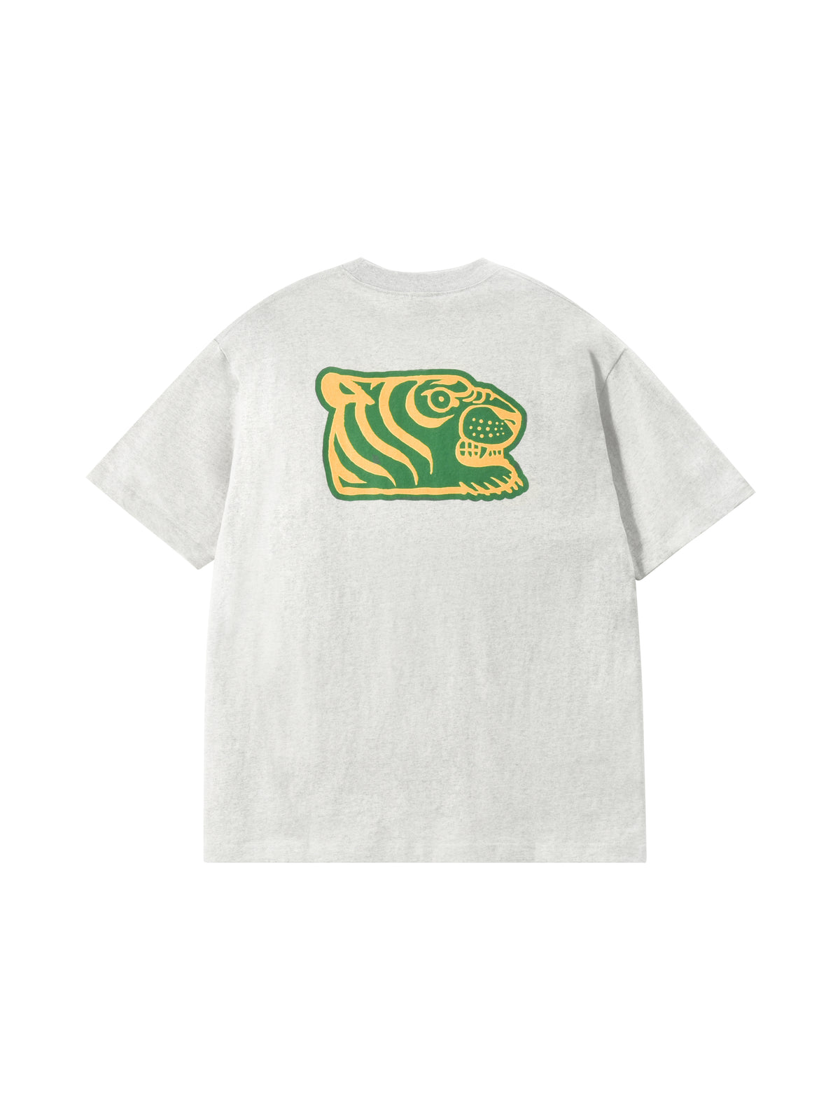 A light gray heather short-sleeve t-shirt with a green and yellow soulgoods tiger head graphic printed on the back, shown against a plain white background.