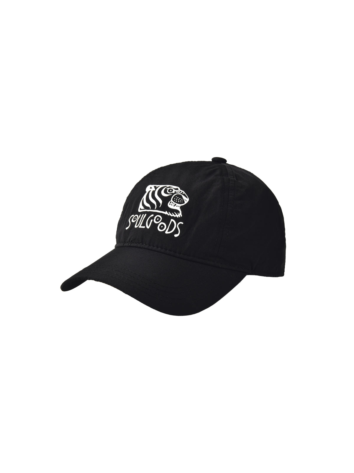 Black baseball cap with white SOULGOODS tiger logo on top