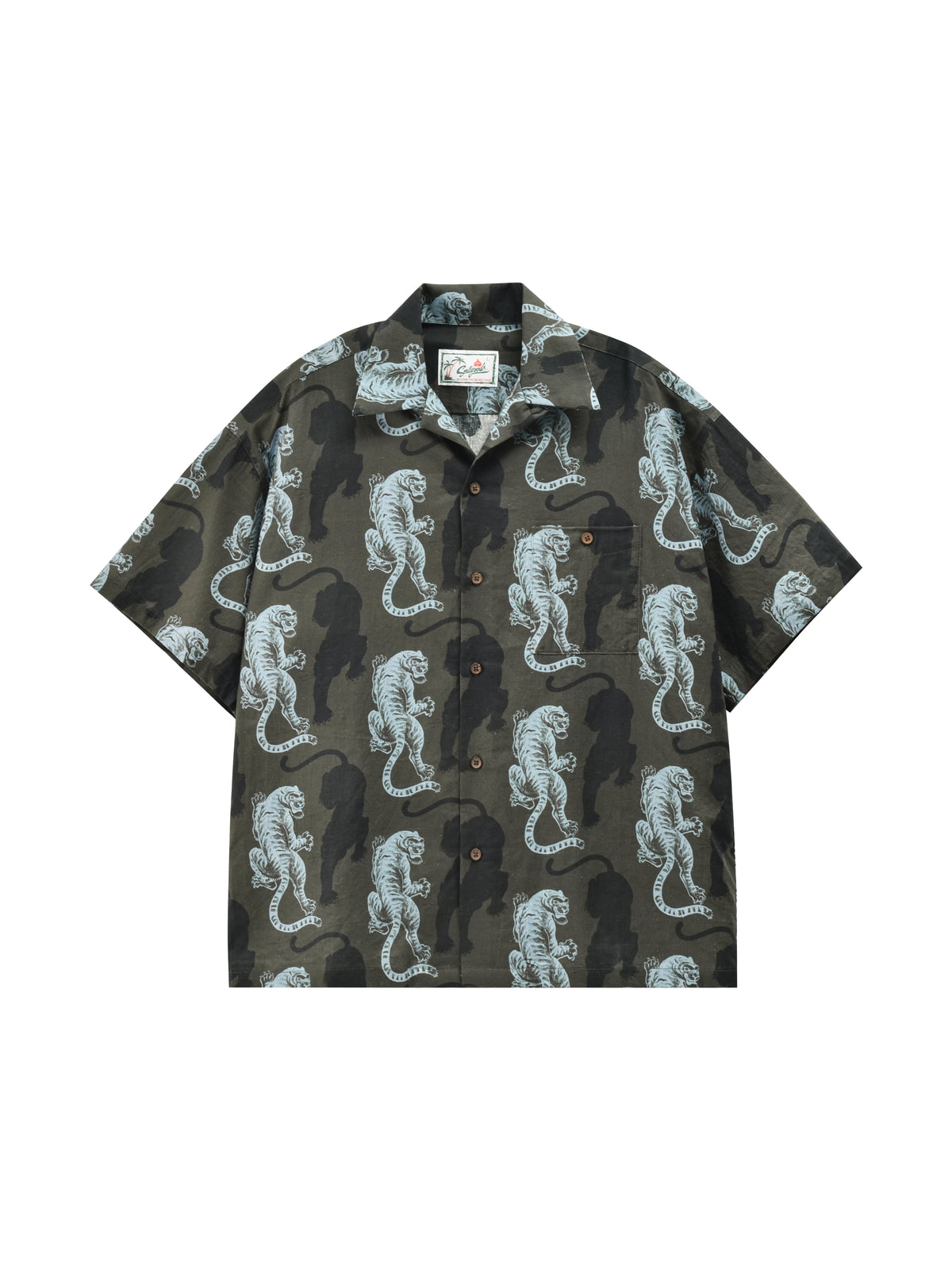 A short-sleeve button-up camp shirt with an all-over camouflage pattern and a repeating light blue tiger motif, displayed flat against a solid white background.