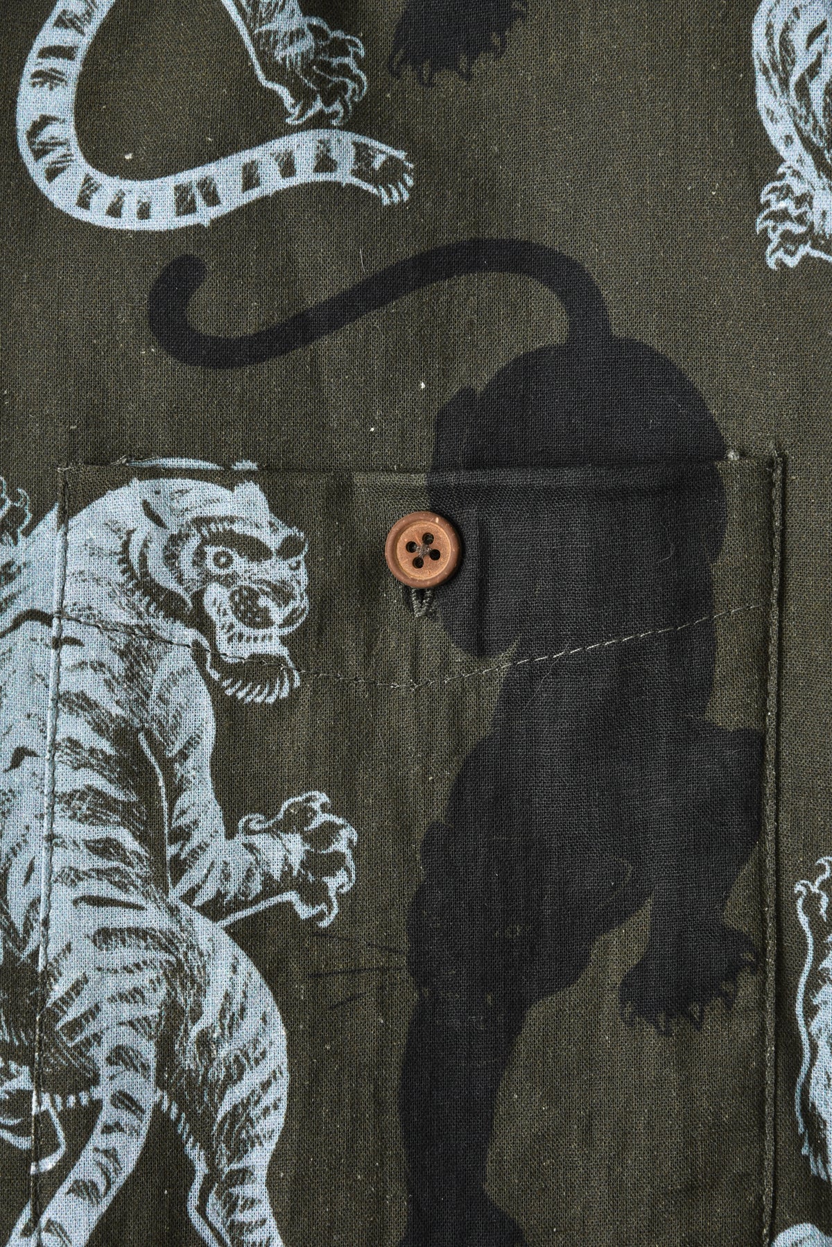 Close-up of a dark olive green fabric with a printed pattern of white and black tiger, featuring a pocket with a brown button.