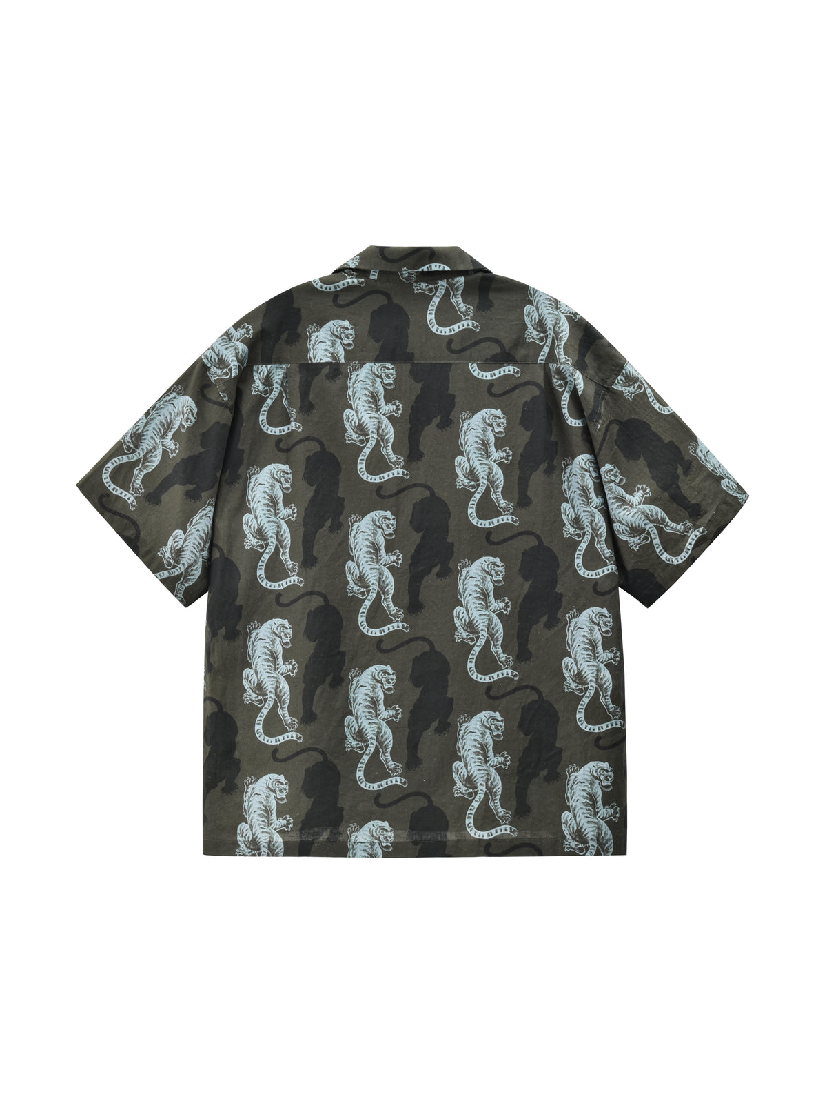 A short-sleeve button-up shirt with an all-over camouflage pattern in dark olive green and black, featuring a repeating light gray/white tiger motif, shown flat against a white background.