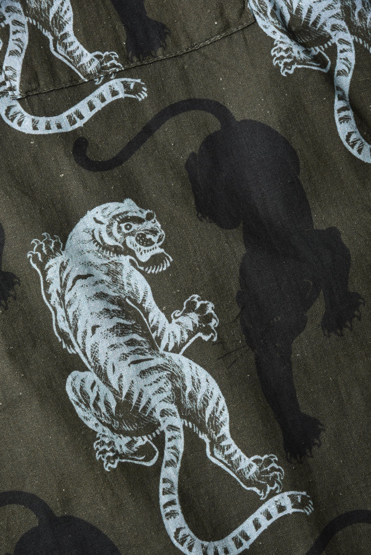 Close-up of a fabric surface with a repeating animal print featuring white tiger and black panther silhouettes on an olive drab background.
