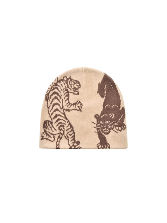 Beige beanie with tiger design on a white background