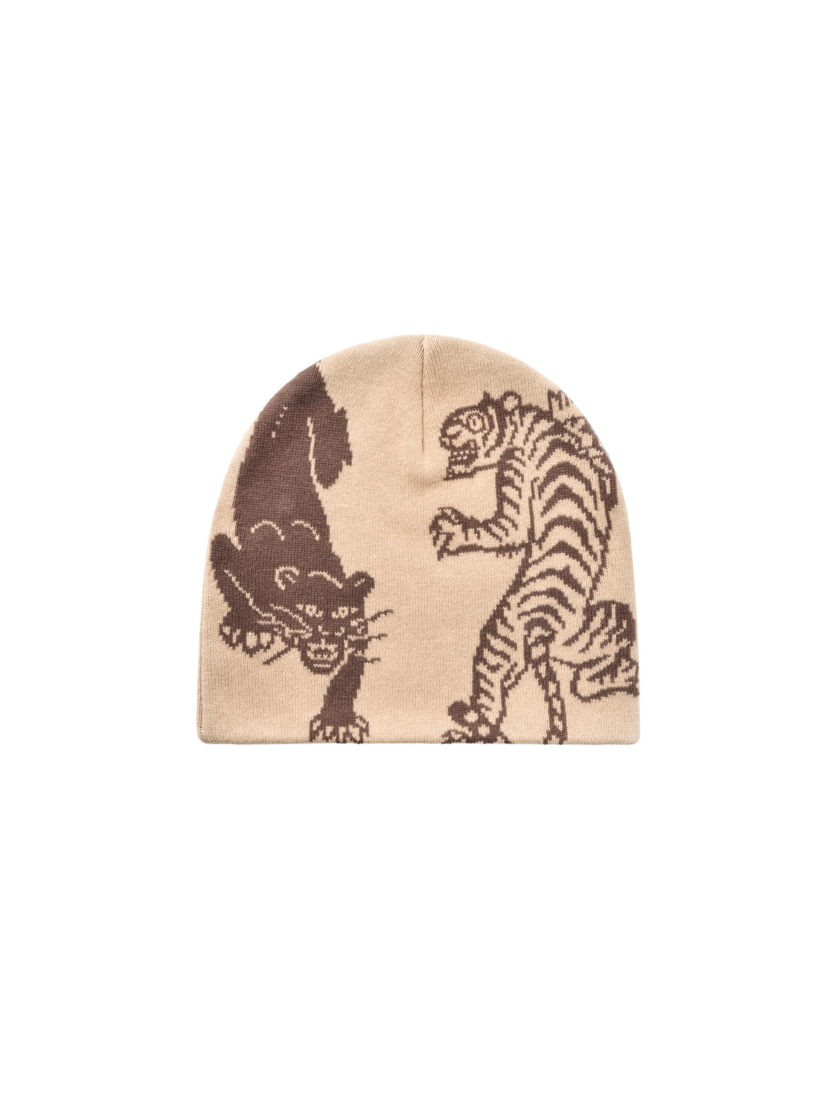 Beige beanie with black panther and tiger design on a white background