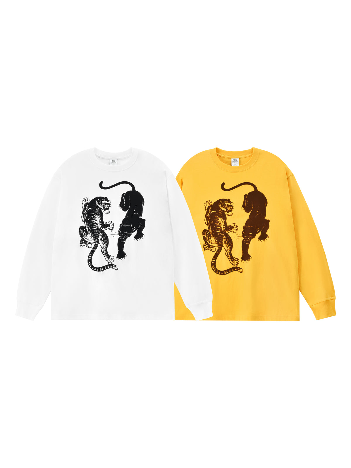 White and yellow long-sleeve shirts with black lion designs on a white background