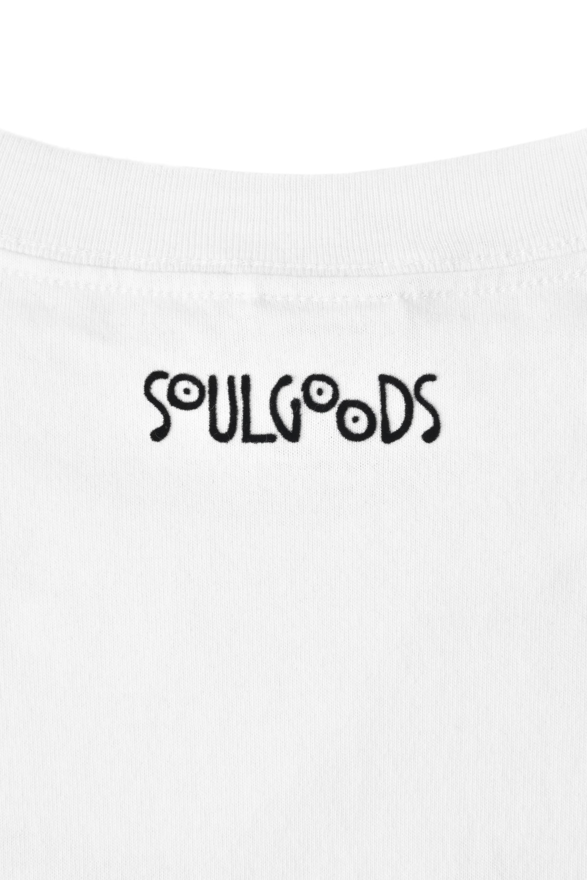 White shirt with 'SOULGOODS' text in black on a white background