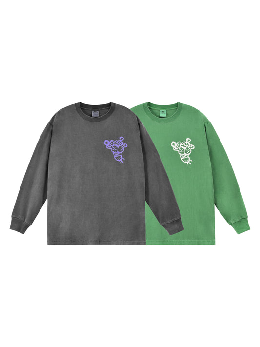 Two long-sleeve shirts, one gray and one green, with a soulgoods tiger logo on a white background.